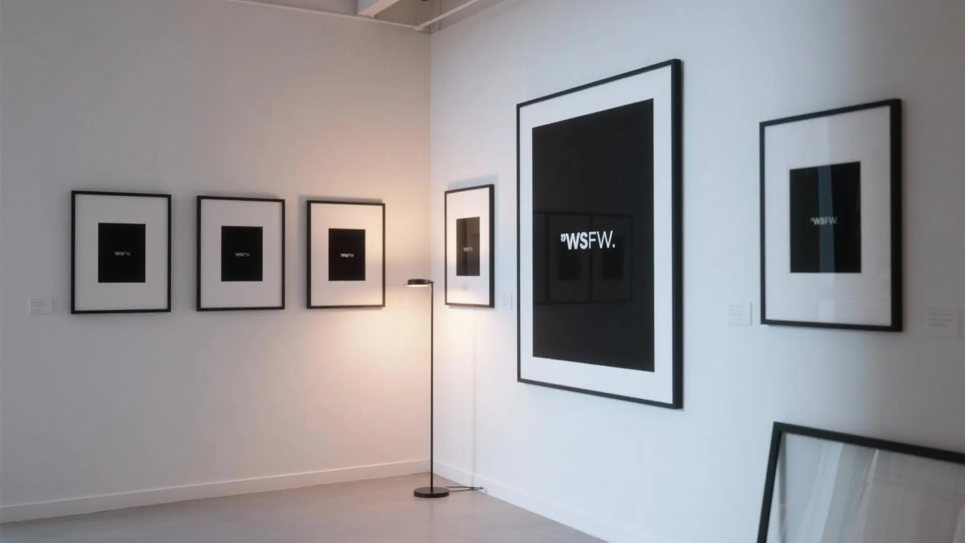 Minimalist art gallery corner with black framed pictures and a simple black floor lamp stand