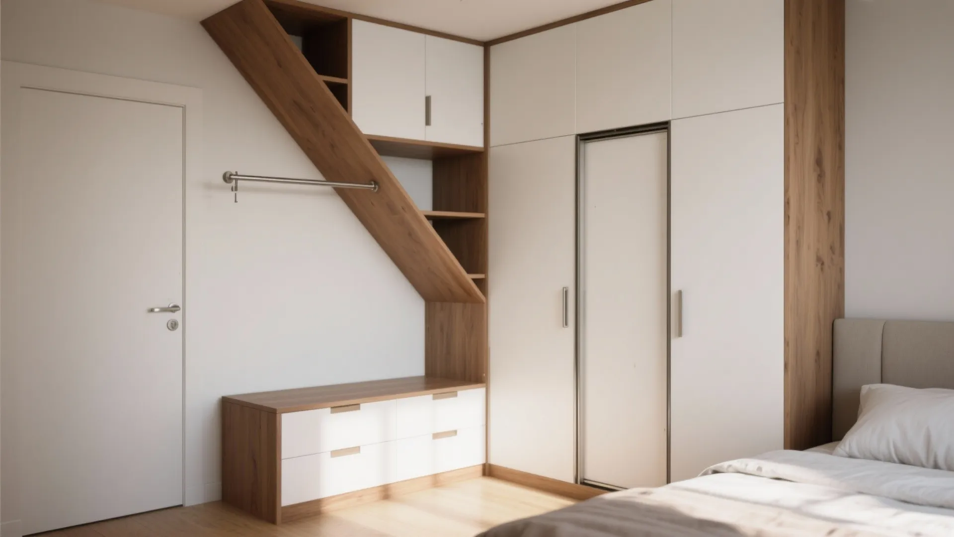 Corner wardrobes with wraparound shelving