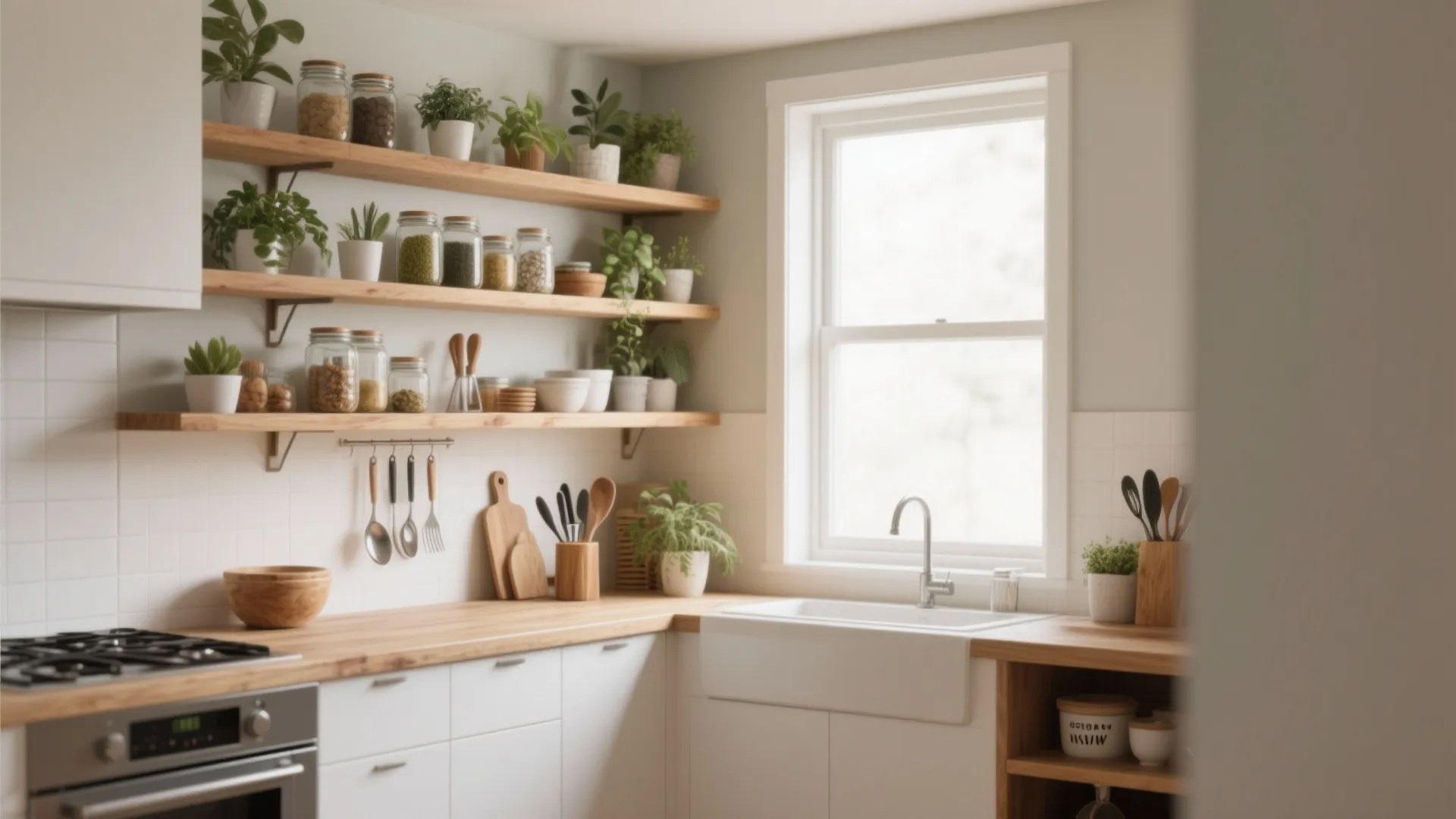 Modern white kitchen featuring wooden open shelves with small green plants and glass storage jars