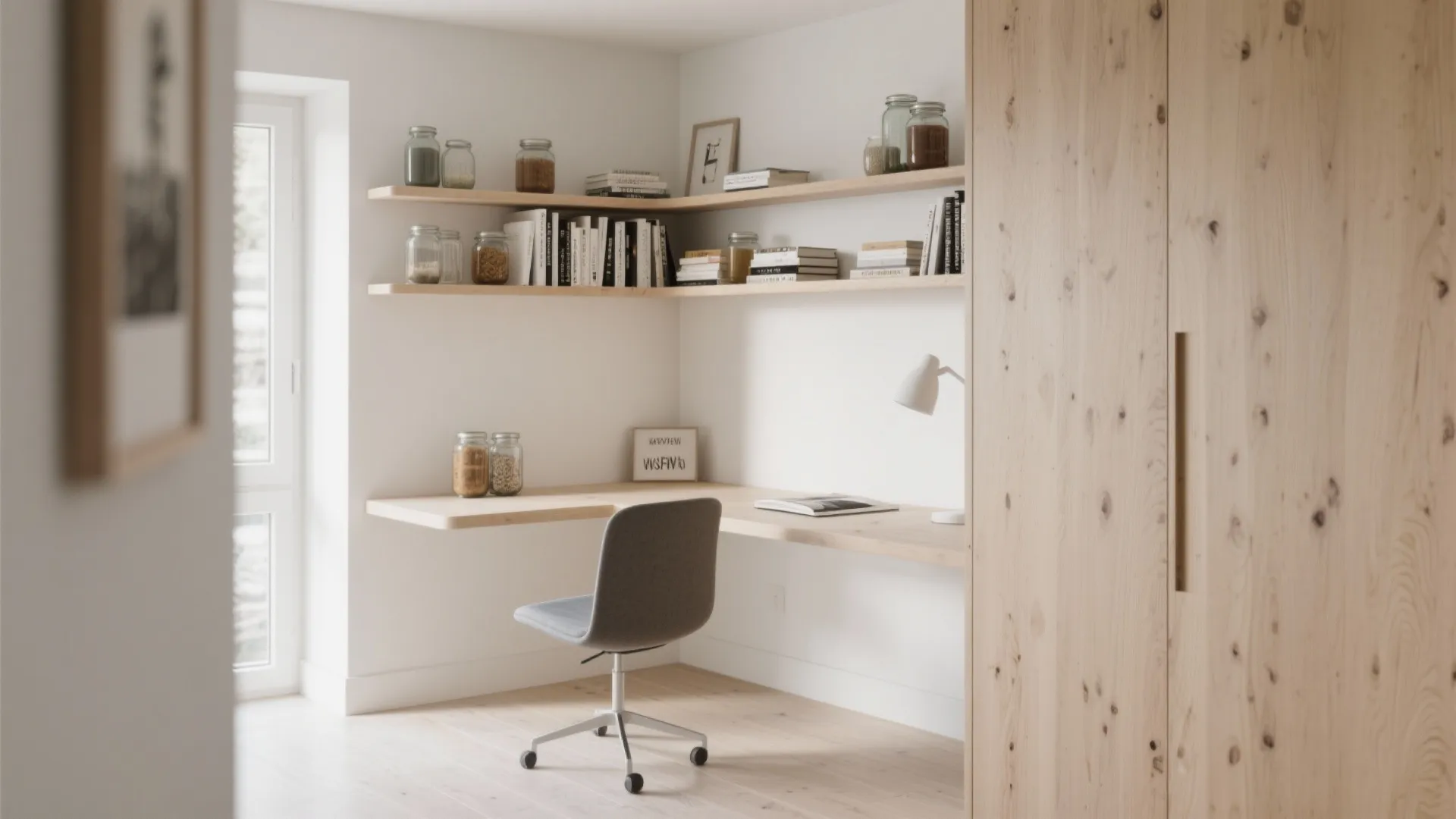 Corner office setup featuring wooden floating shelves and a simple desk with a grey chair