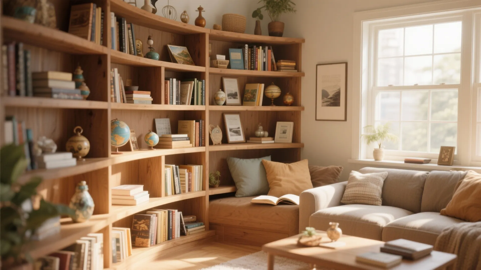 Corner wrap wooden shelves with books and souvenirs in a sunny living room