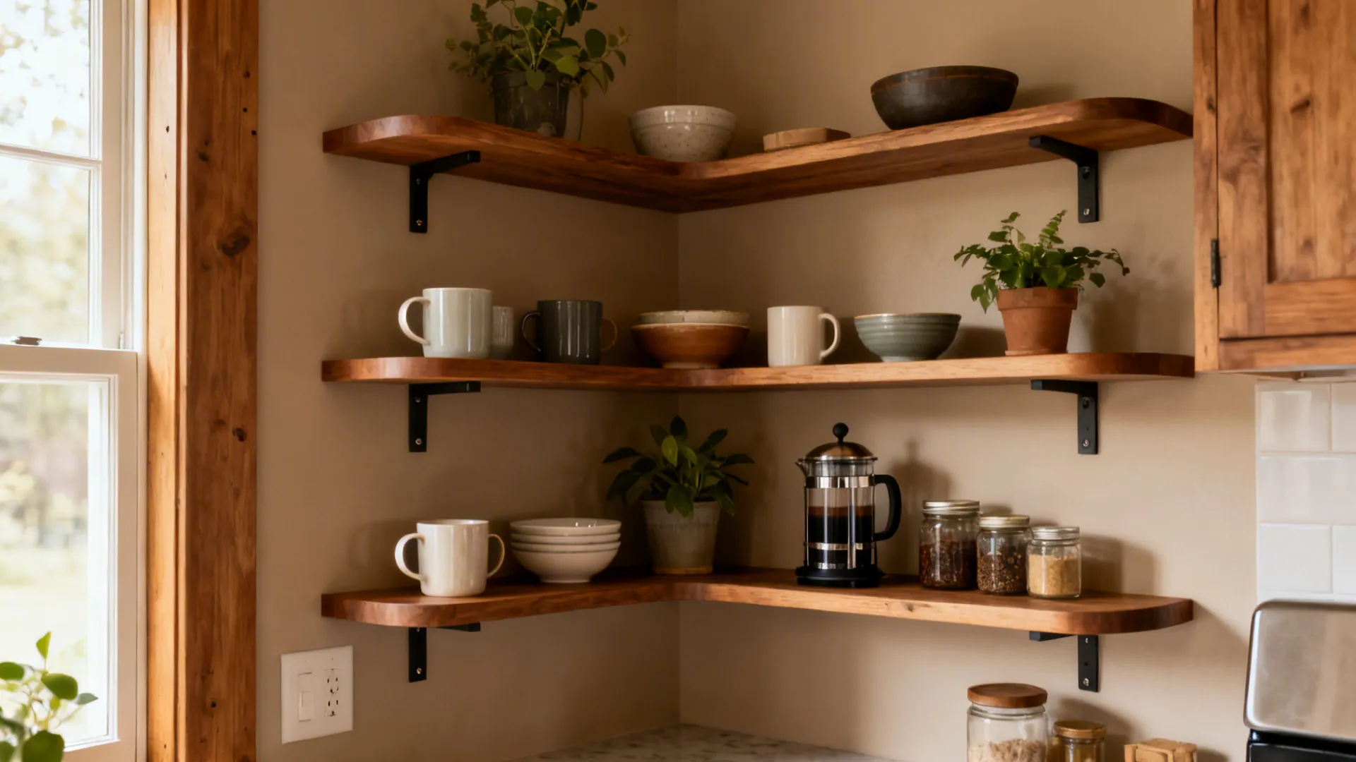 Wraparound corner shelves with mugs, bowls, and plants forming a compact coffee zone.