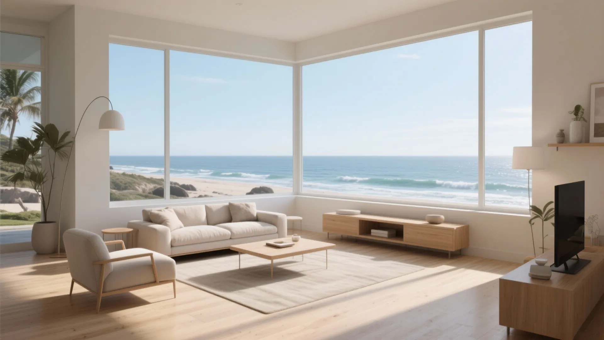 Bright living room with corner windows showing ocean view white sofa armchair and a wooden cabinet