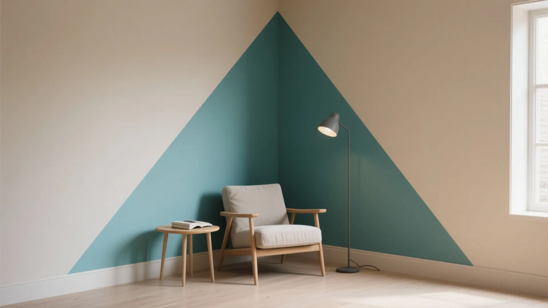 Cozy reading corner with a white armchair wooden side table floor lamp and teal wall