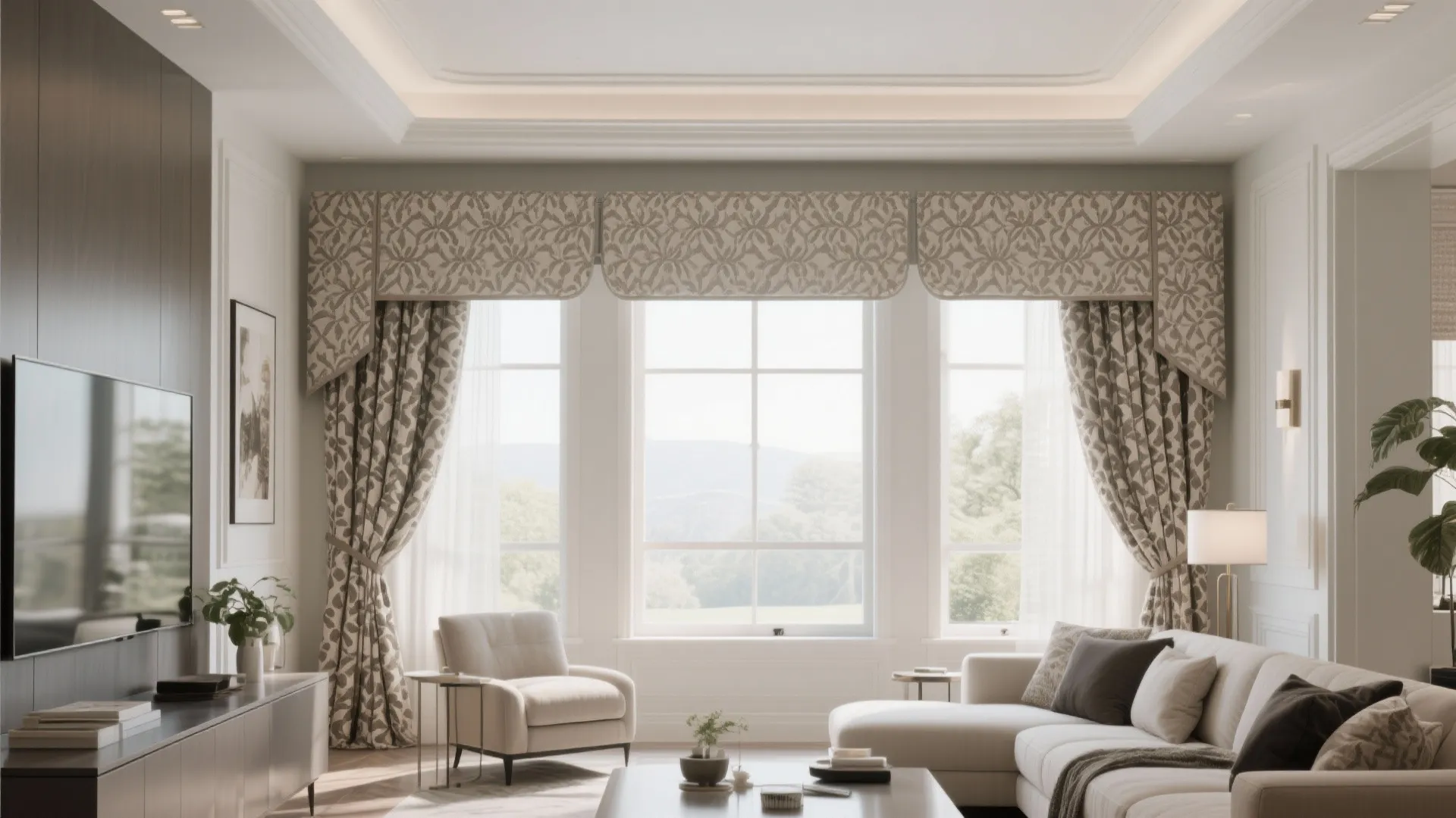 Living room windows with fabric-covered cornice boxes and patterned drapes