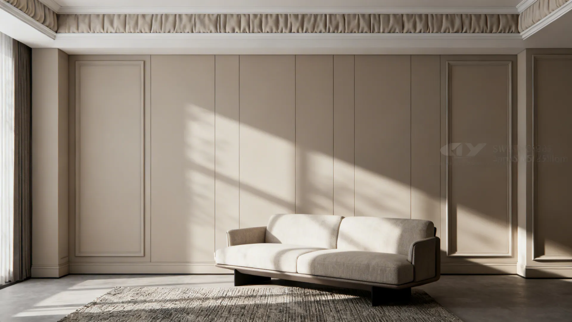 Modern living room featuring beige wall panel design with comfy sofa and soft natural sunlight