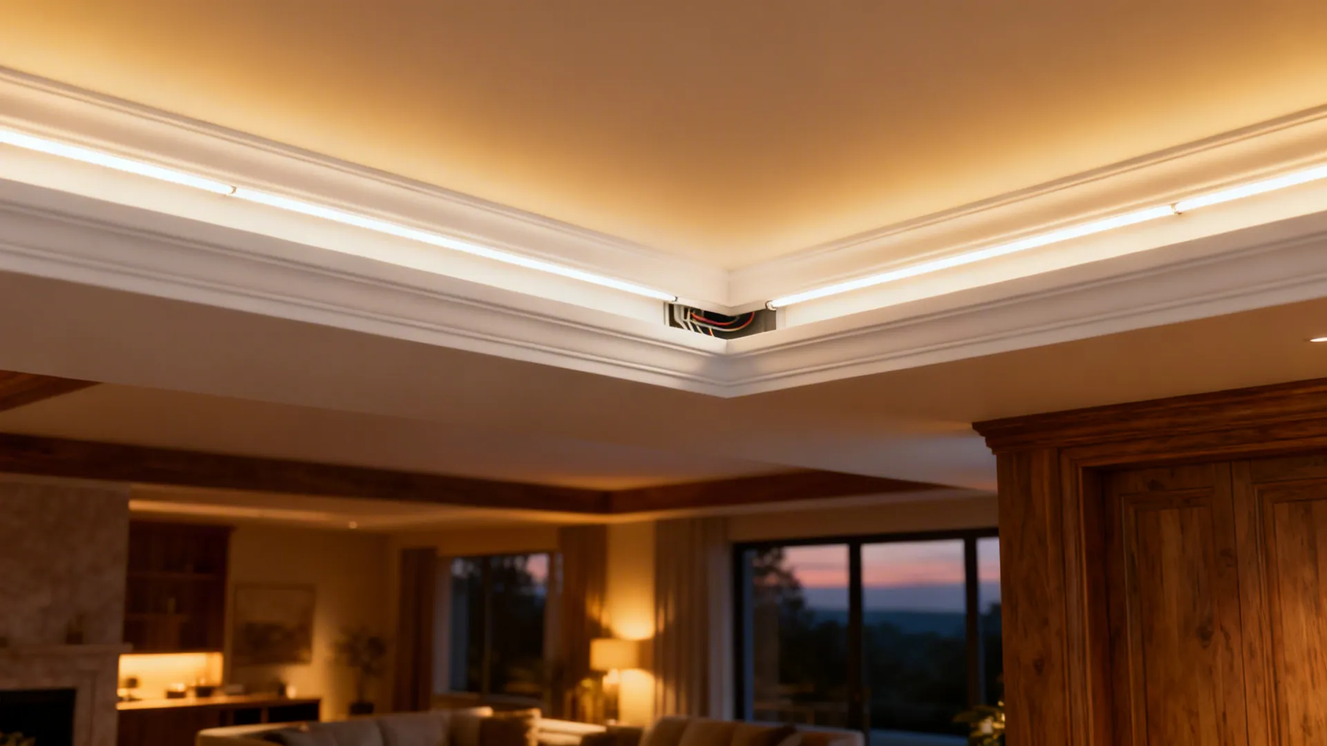 Cornice board with integrated LED tape casting warm indirect light onto the ceiling above a large window.