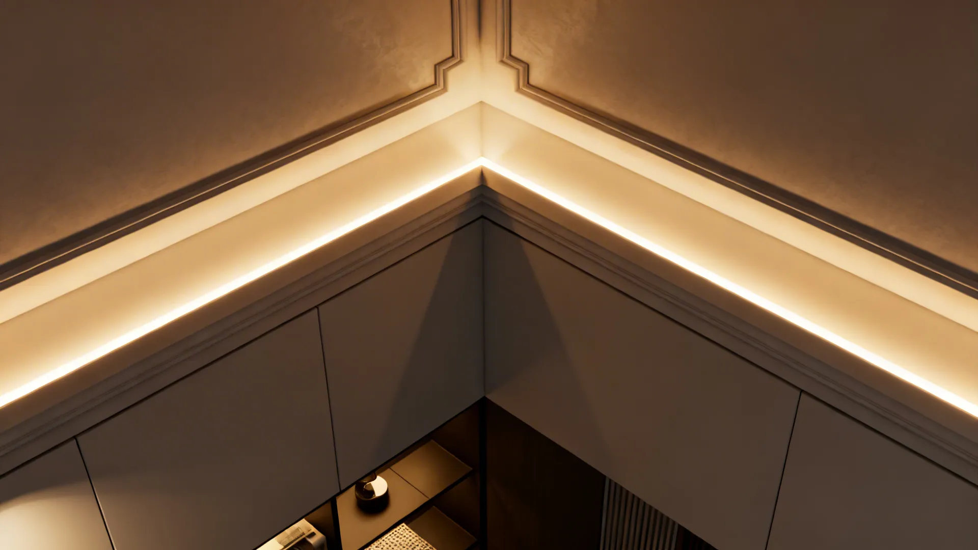 Small living room with a minimal cornice featuring integrated LED lighting creating indirect glow