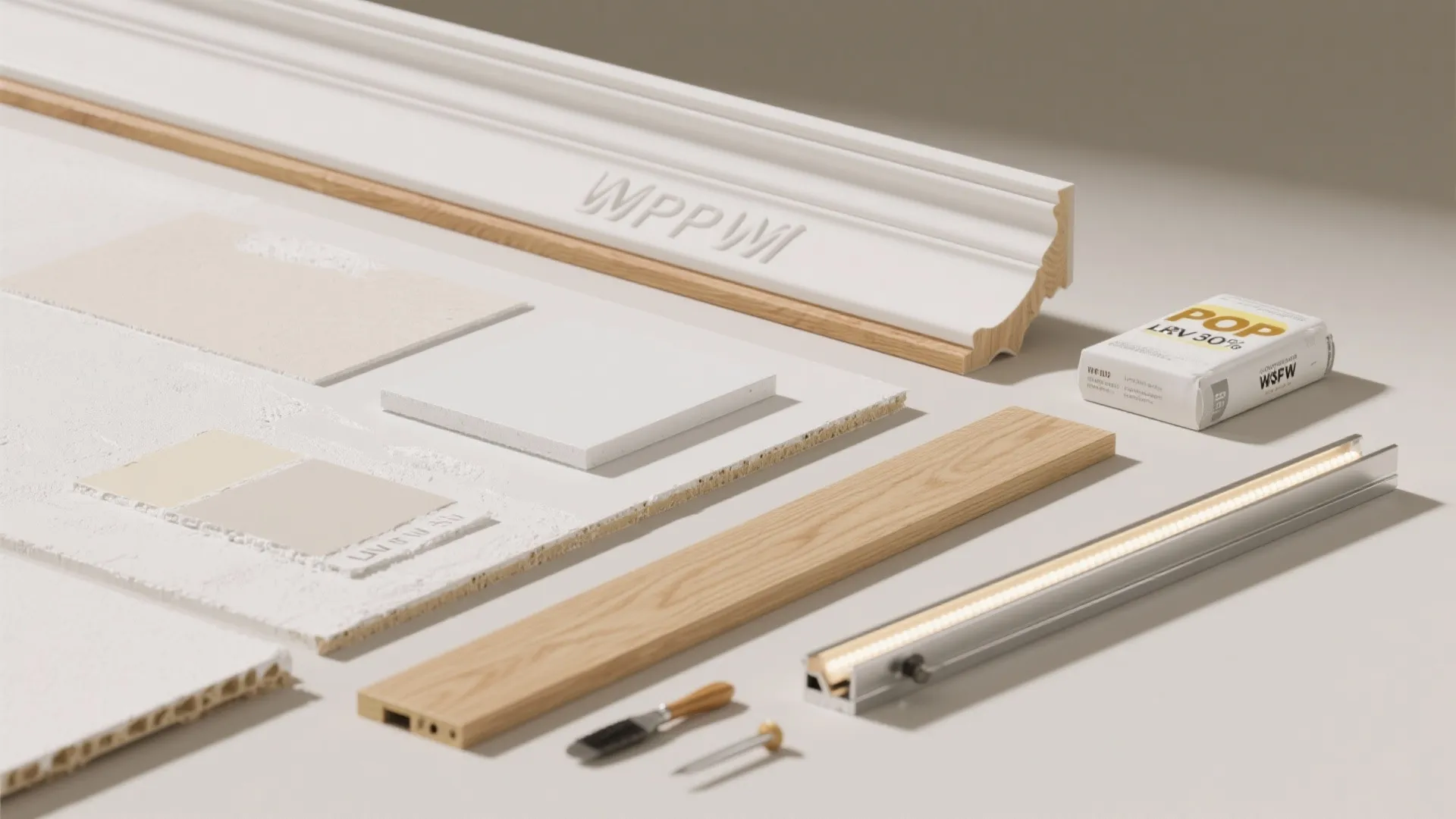 Flat lay of POP, gypsum, matte paint, and light oak veneer for cornice accents.