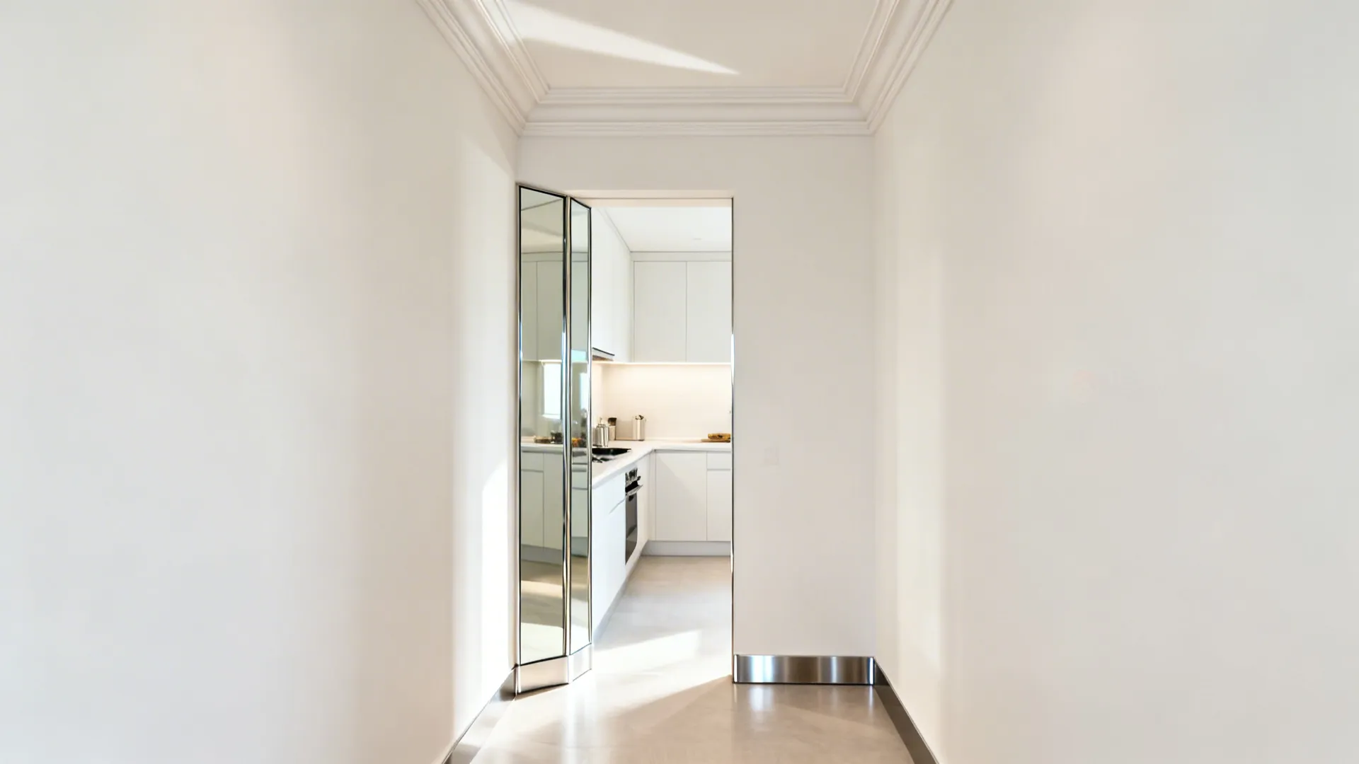 Layered Gypsum Cornice + Mirror Stack to Widen the Hall