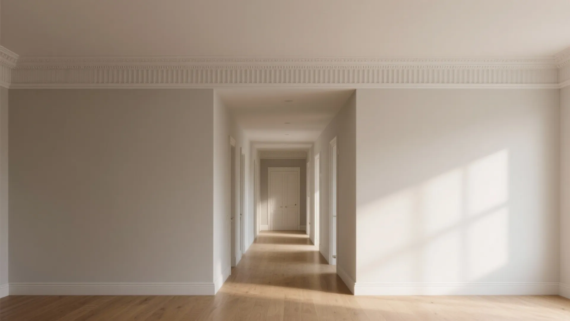Long hallway featuring white walls with crown molding wood floors and soft natural sunlight shadows