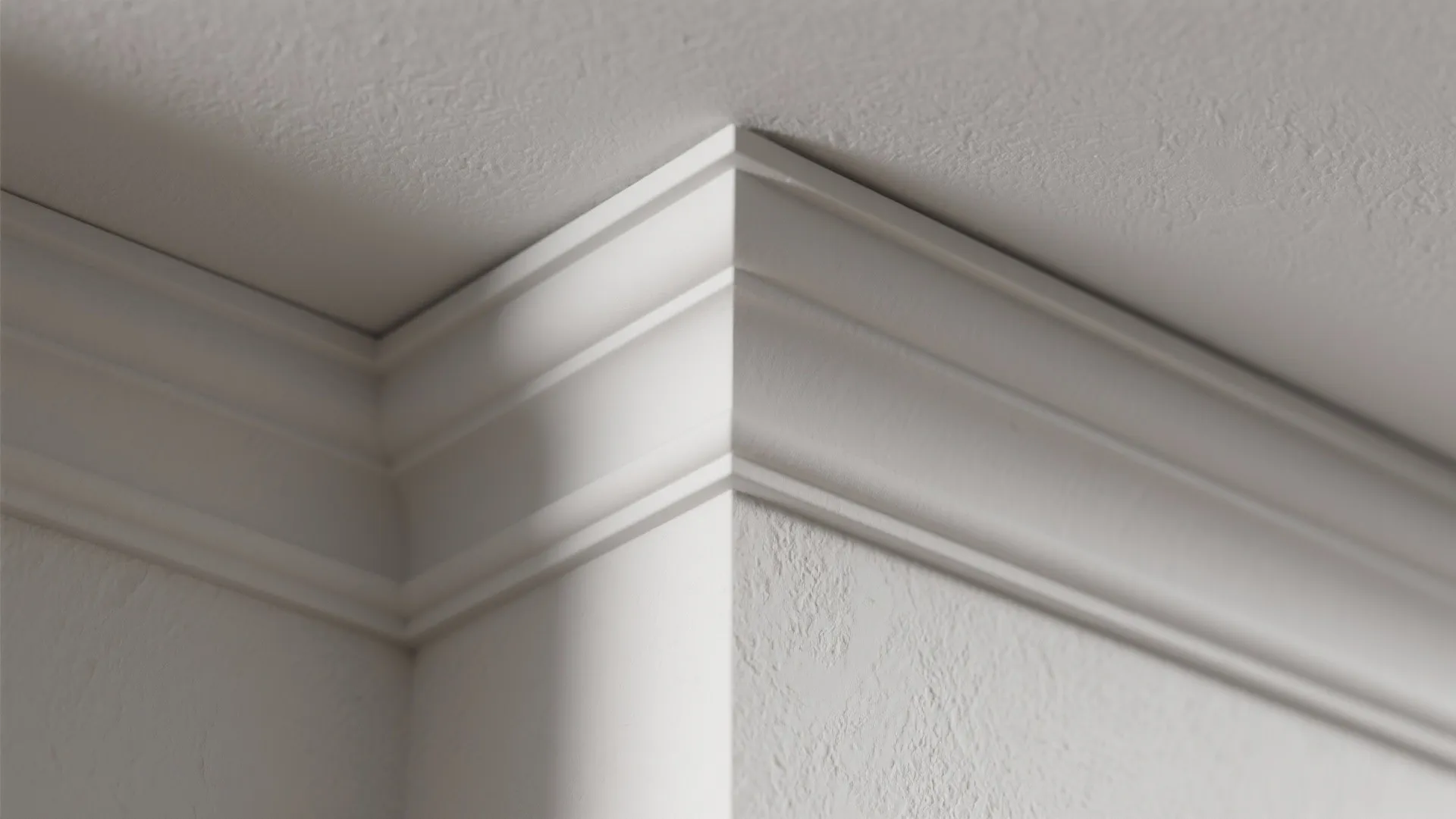 Close up view of white decorative wall panel trim installed on a modern interior ceiling