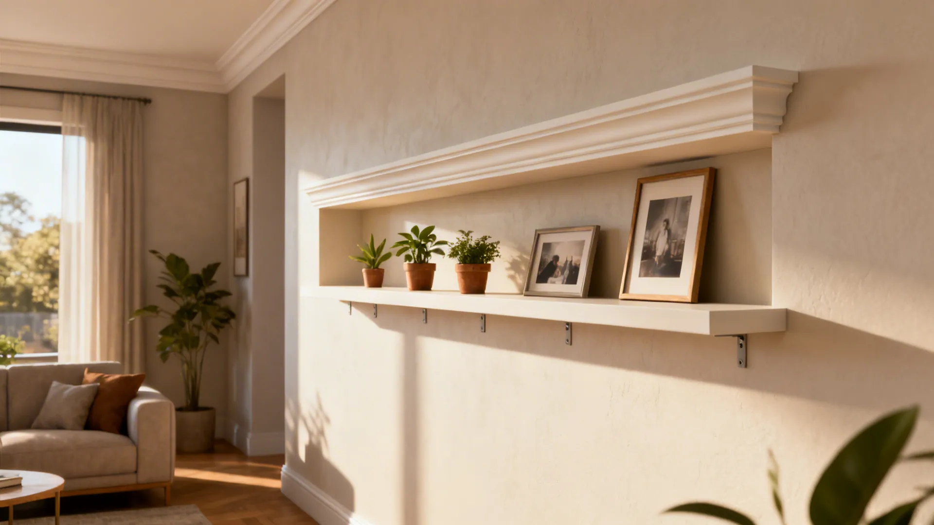 POP cornice integrated with a shallow floating shelf displaying small plants and photos.