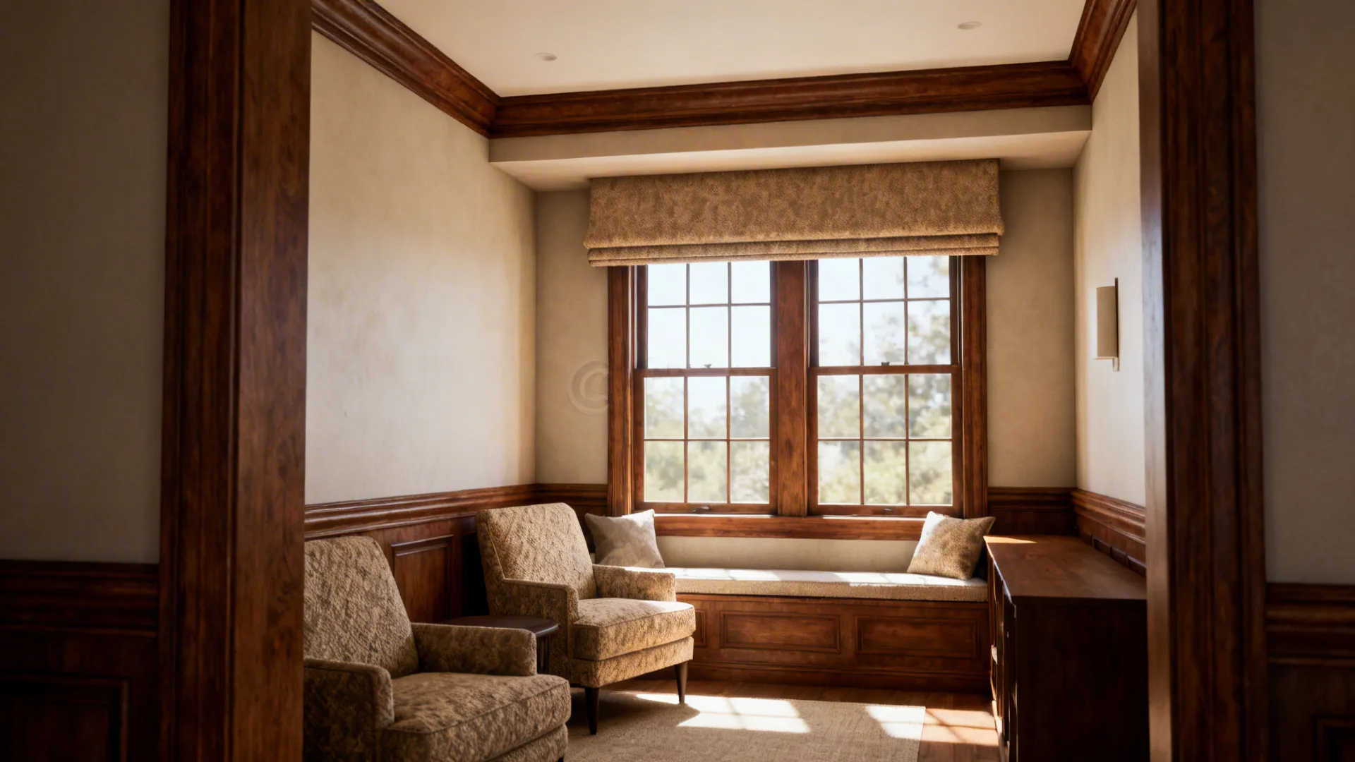 Classic room with wooden wall panel two patterned chairs window seat brown curtain and windows