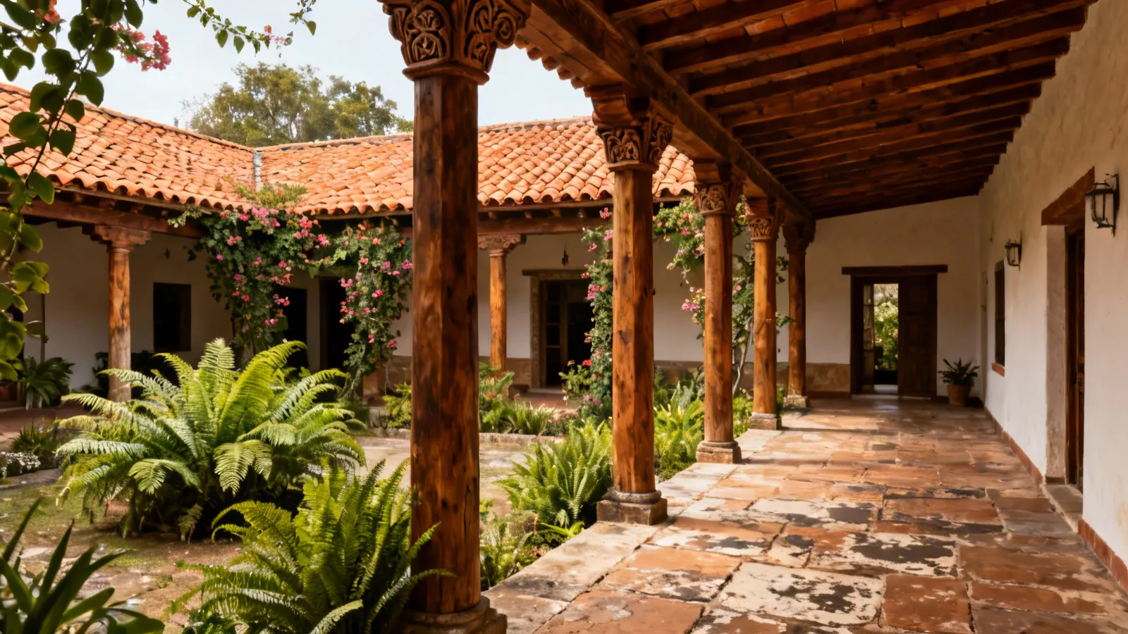 Corredor con columnas rodeando un patio interior con plantas