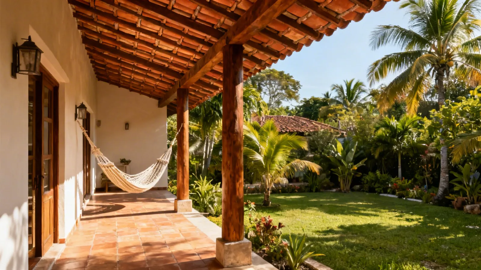 Corredor con hamaca y vista al jardín en casa tropical
