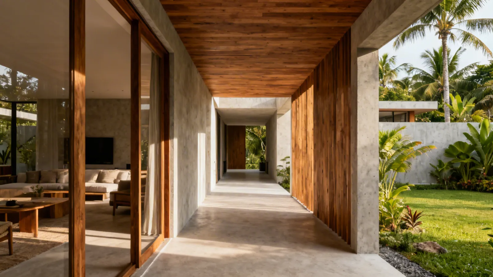 Corredor moderno conectado con jardín en casa contemporánea