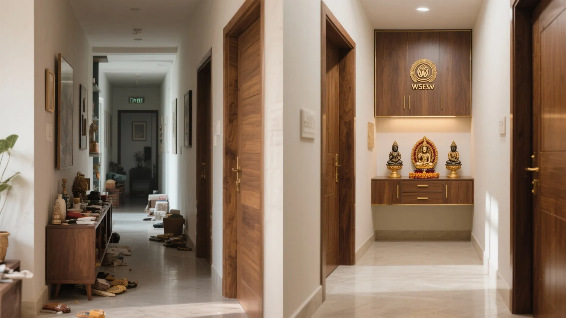 Side-by-side comparison showing a cluttered hallway versus a clean organized corridor with dark wooden cabinets