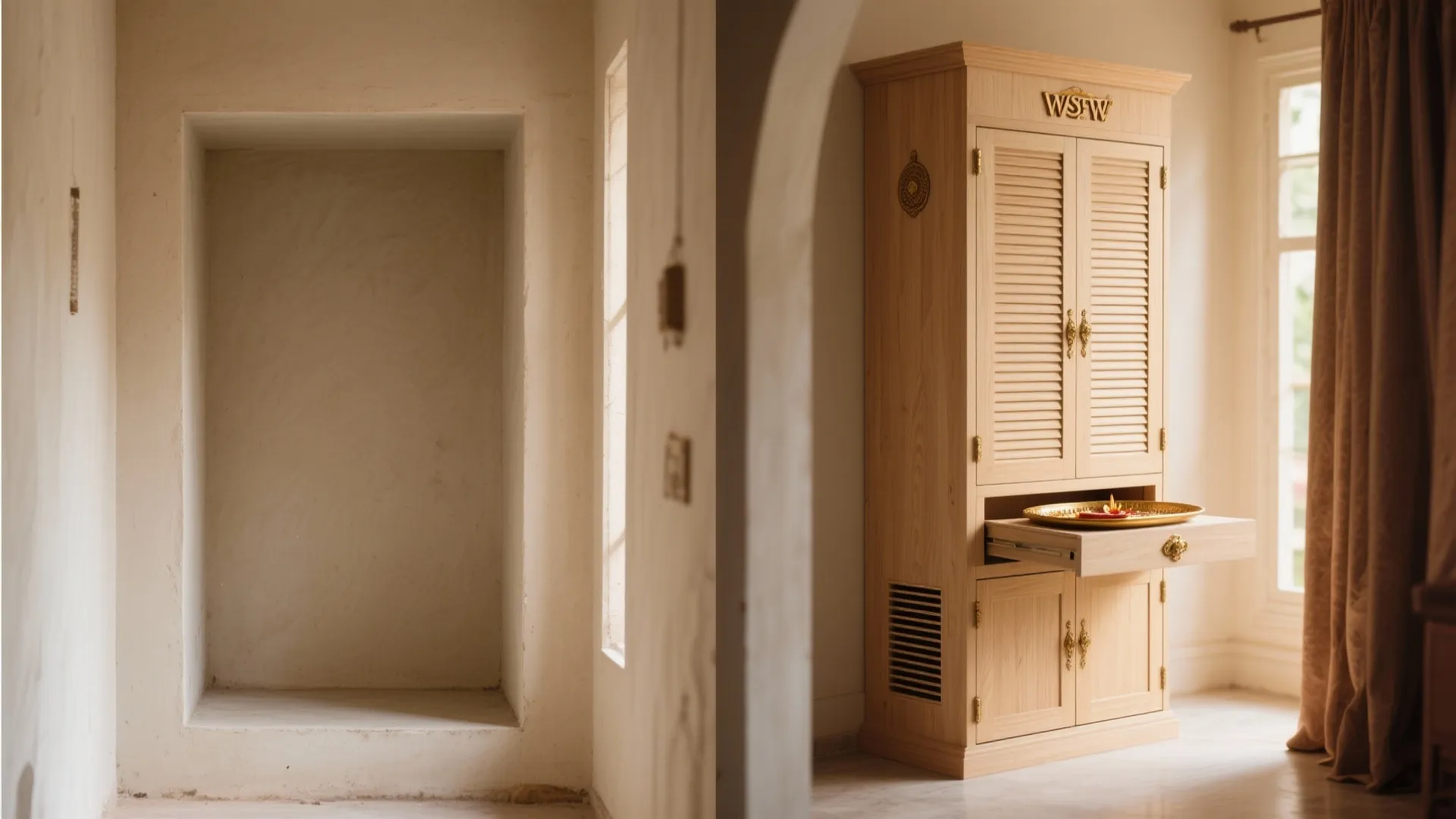 2) Tall Plywood Mandir with Shutters and Hidden Storage