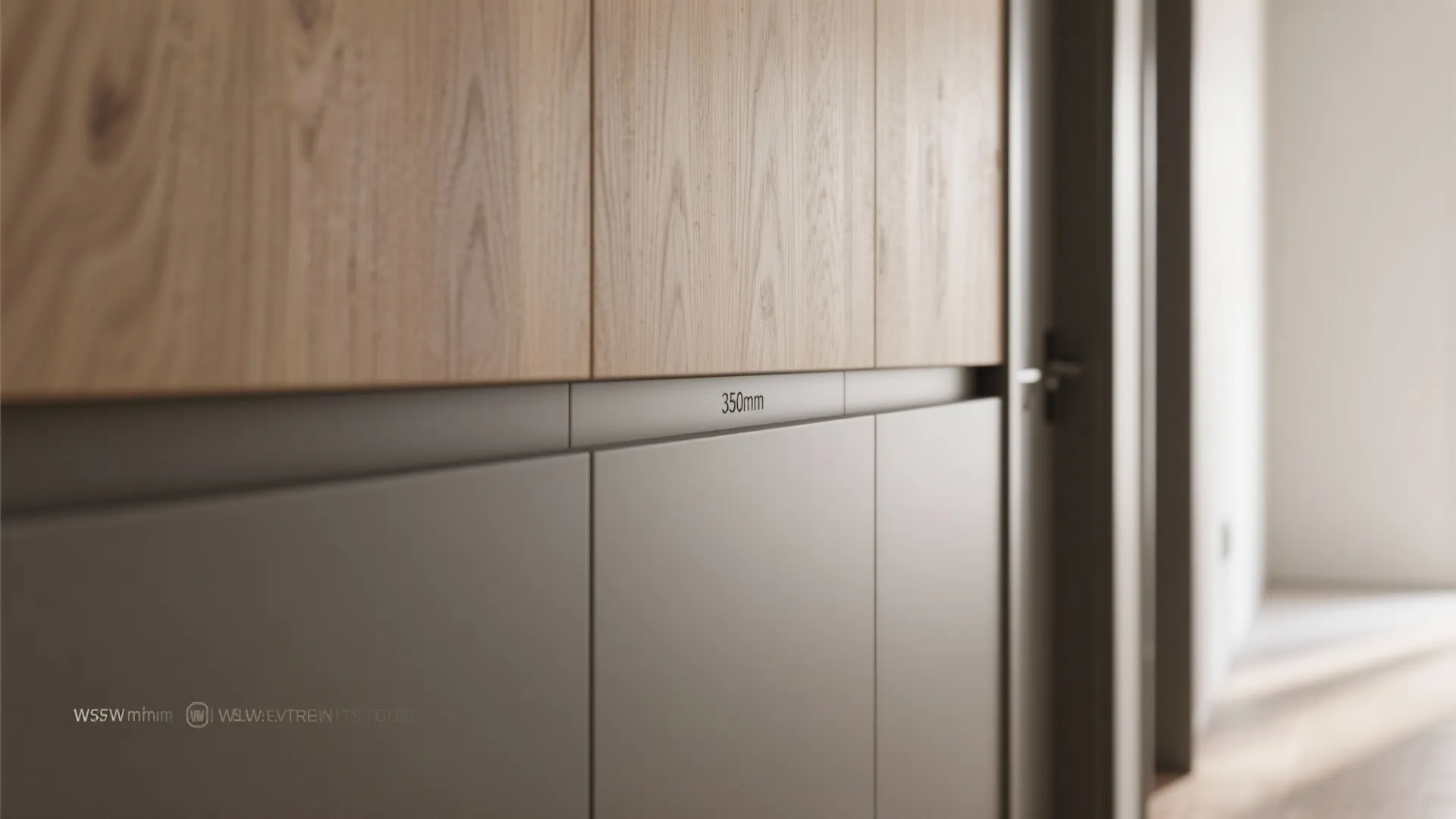 Macro of shallow corridor built-in cabinet with integrated pull and soft-close hardware.