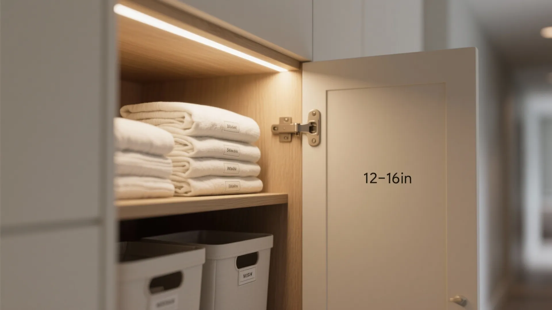 Macro of shallow corridor cabinet with linens and labeled bins under warm LED lighting