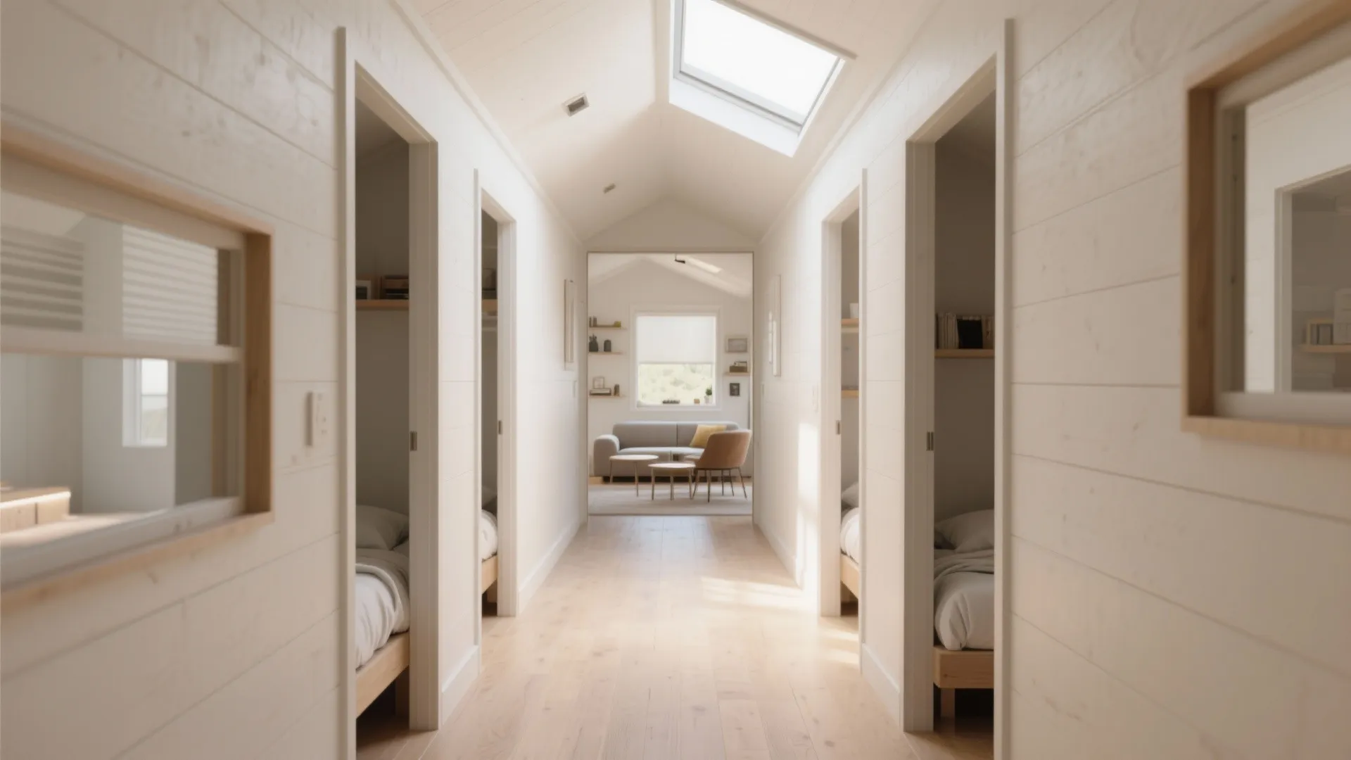 Short central corridor in a tiny home with three compact bedrooms off it and a skylight above