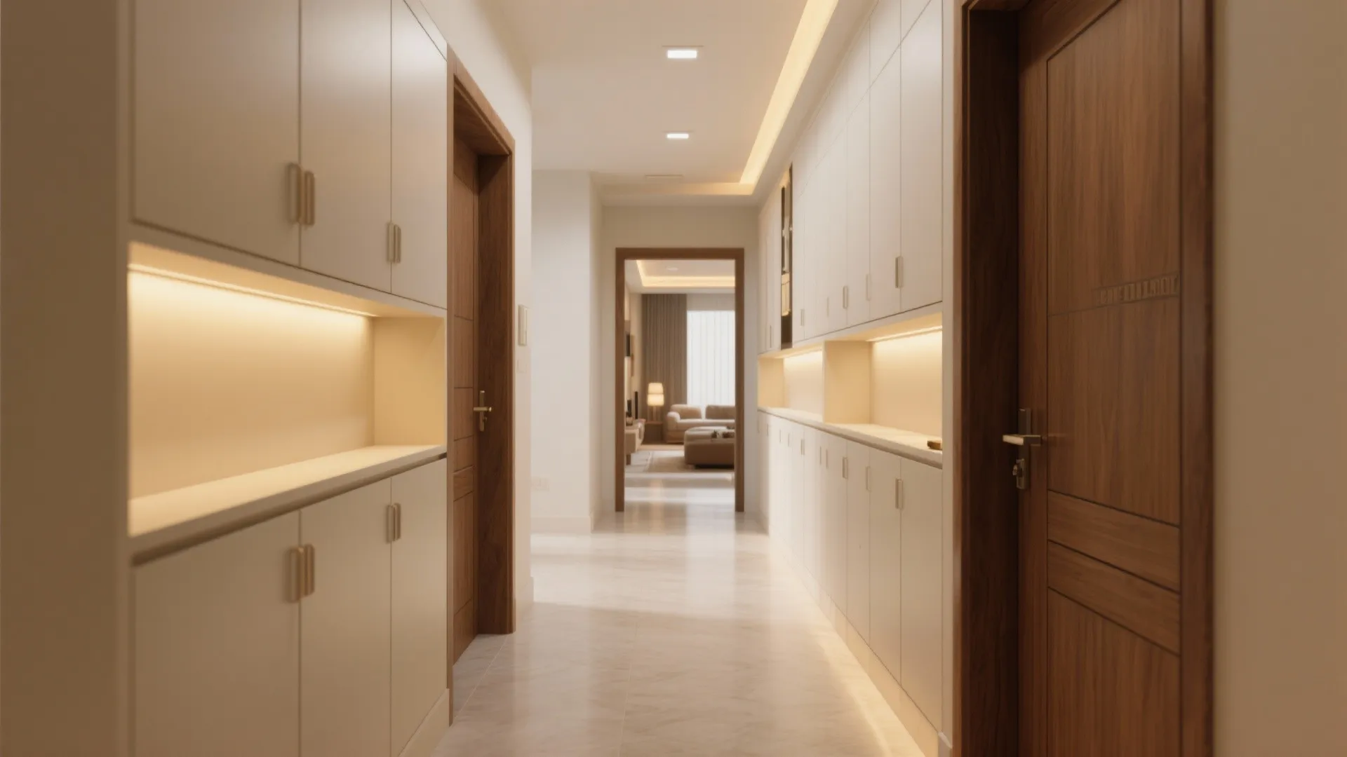 Bright hallway interior with white storage cabinets wooden doors warm lighting and light colored floor tiles