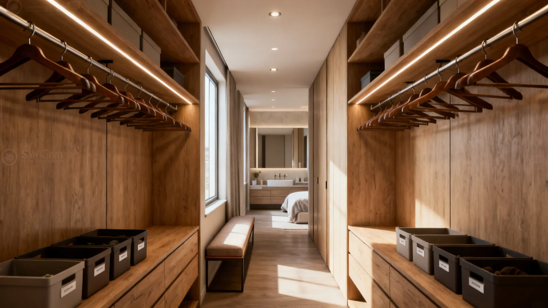 Narrow corridor-style walk-in closet with double-sided hanging, a slim bench and recessed LED lighting.