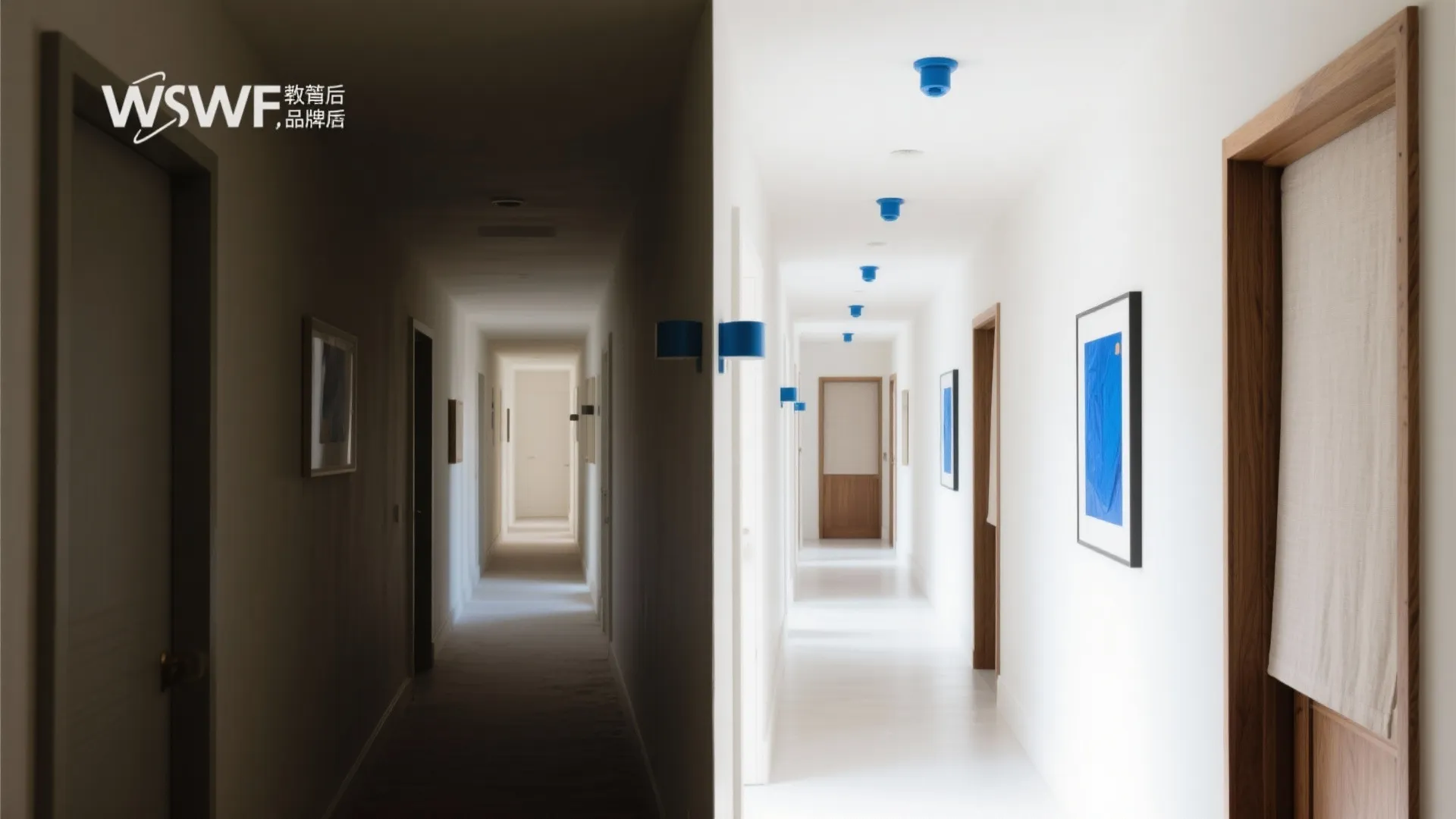 Before-and-after comparison of a dark hallway transformed into a bright white corridor with blue lights