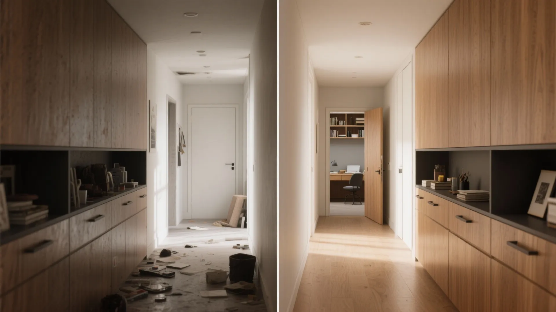 Built-in storage walls and pocket doors