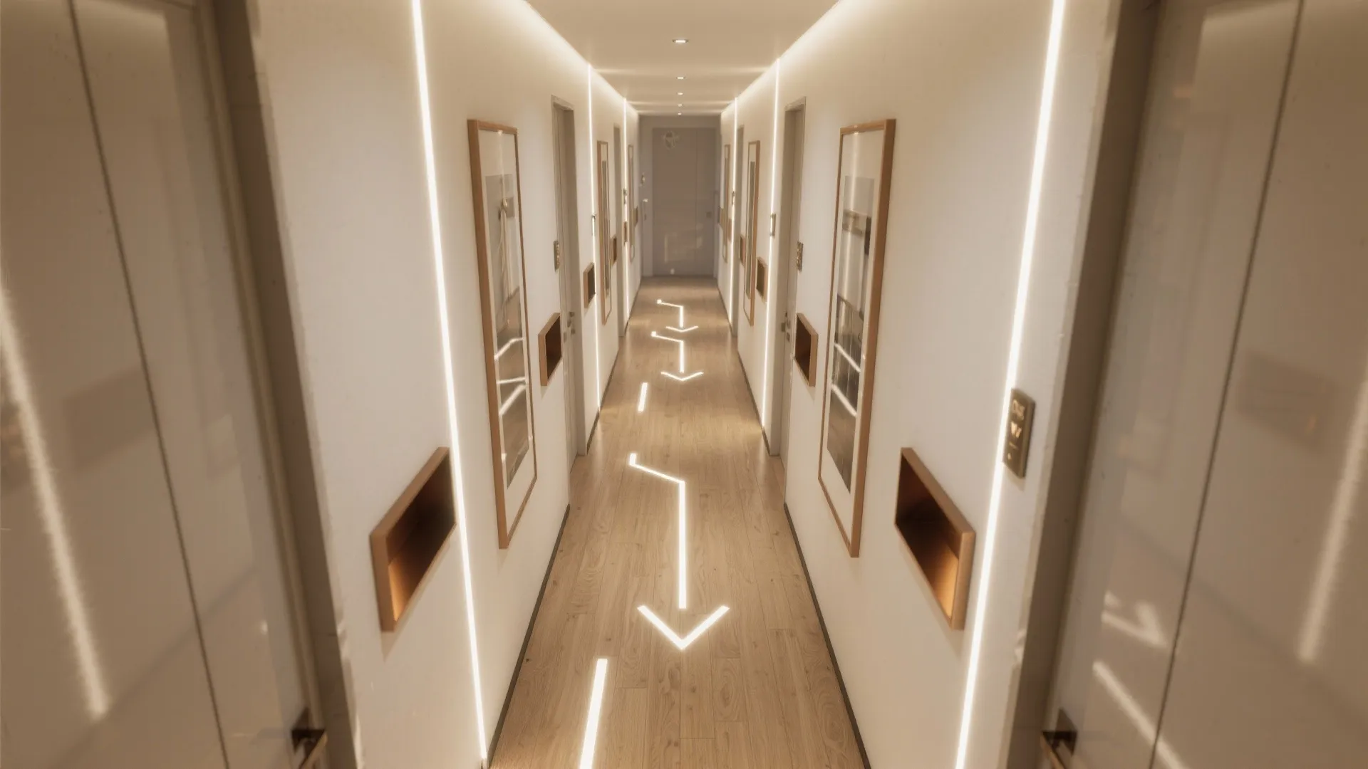 Modern hallway with glowing arrow floor lights, vertical light strips on white walls, and pictures