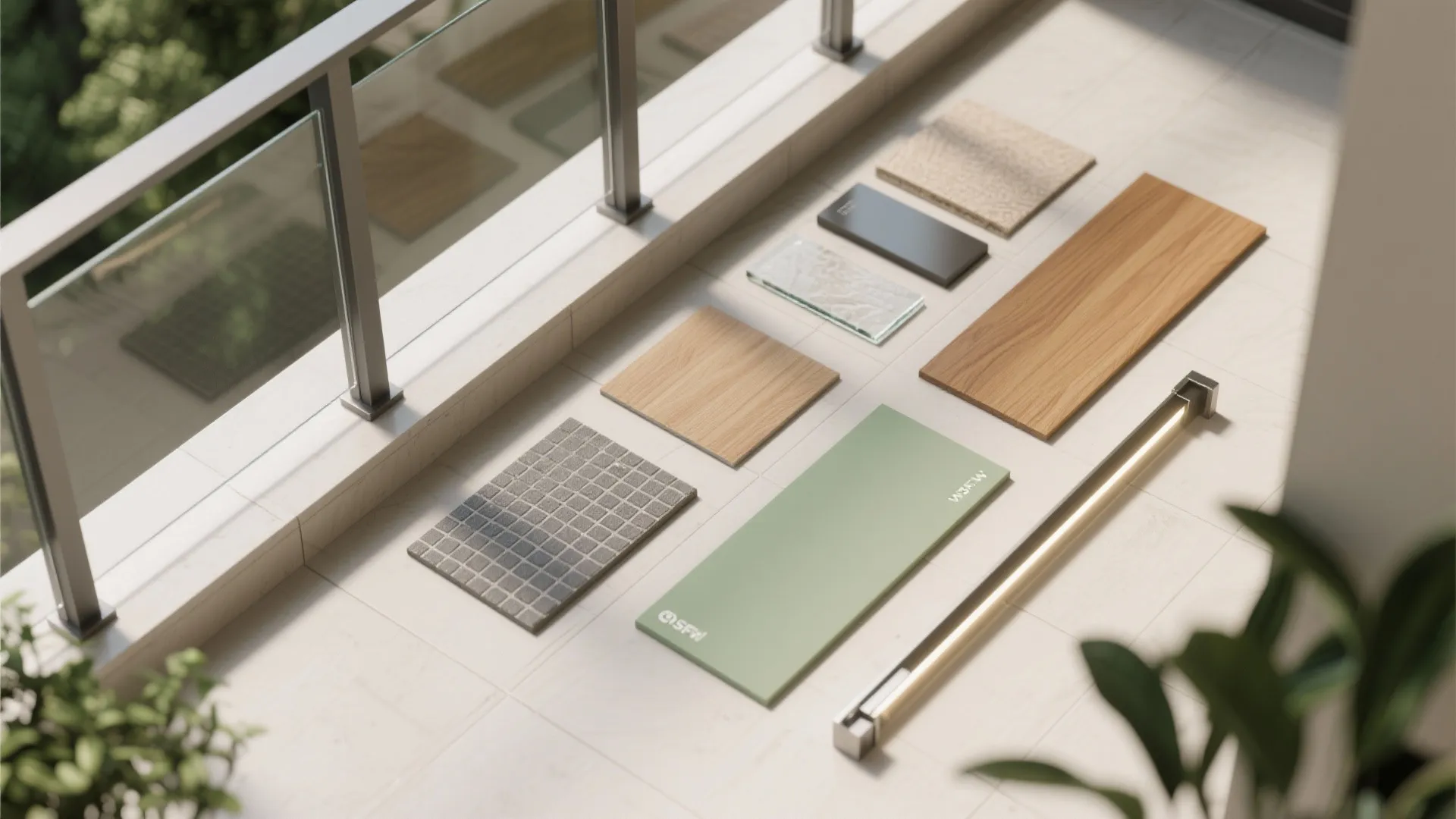 Interior design material samples including wood tiles and glass displayed on a bright white balcony floor