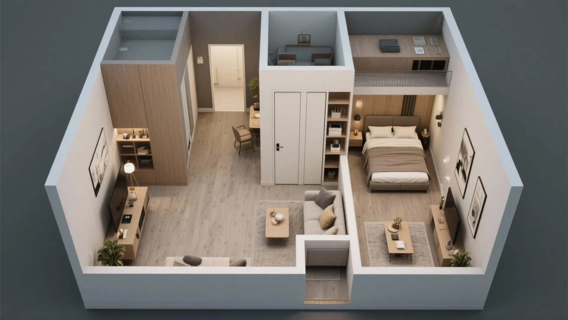 Compact corridor-free ranch layout with bedrooms off the main living area and a pocket door.