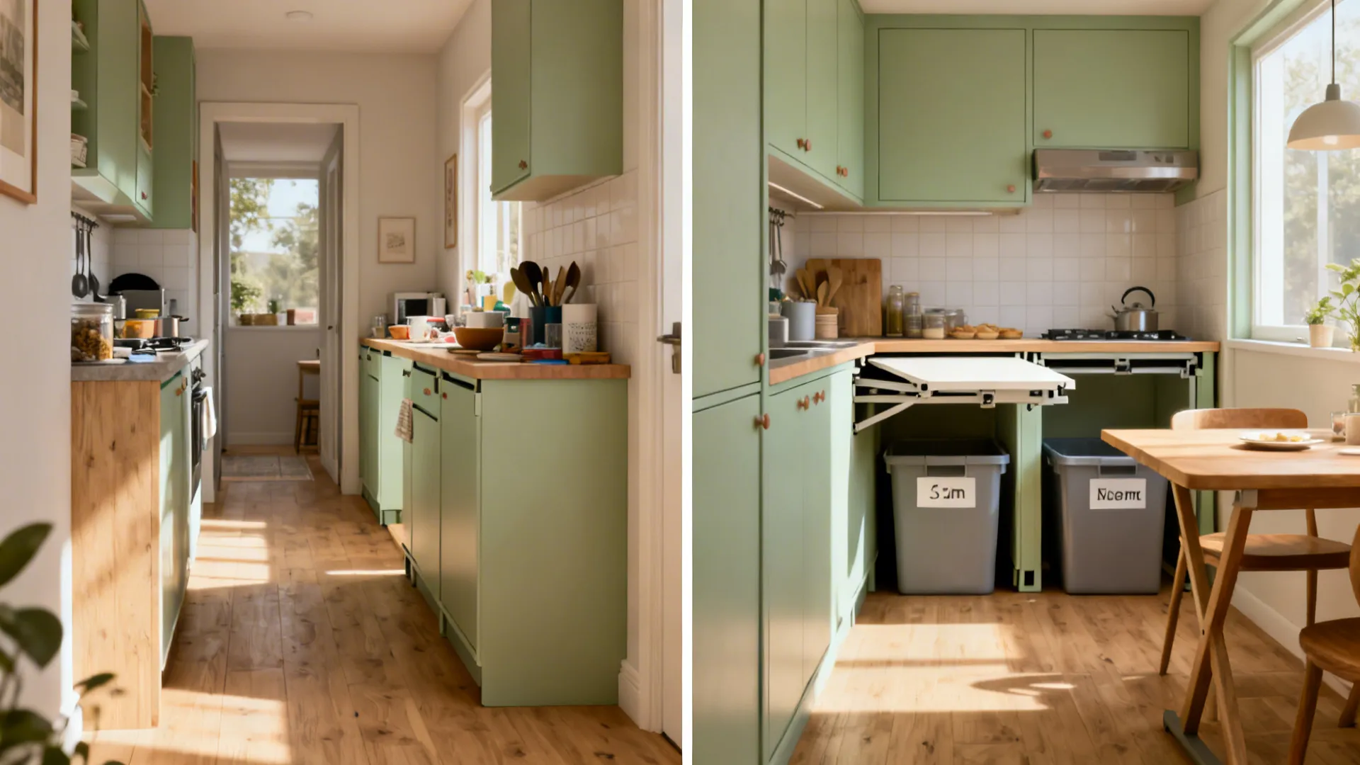 Before-and-after of a narrow corridor turned into a tidy mini galley with a fold-down counter.