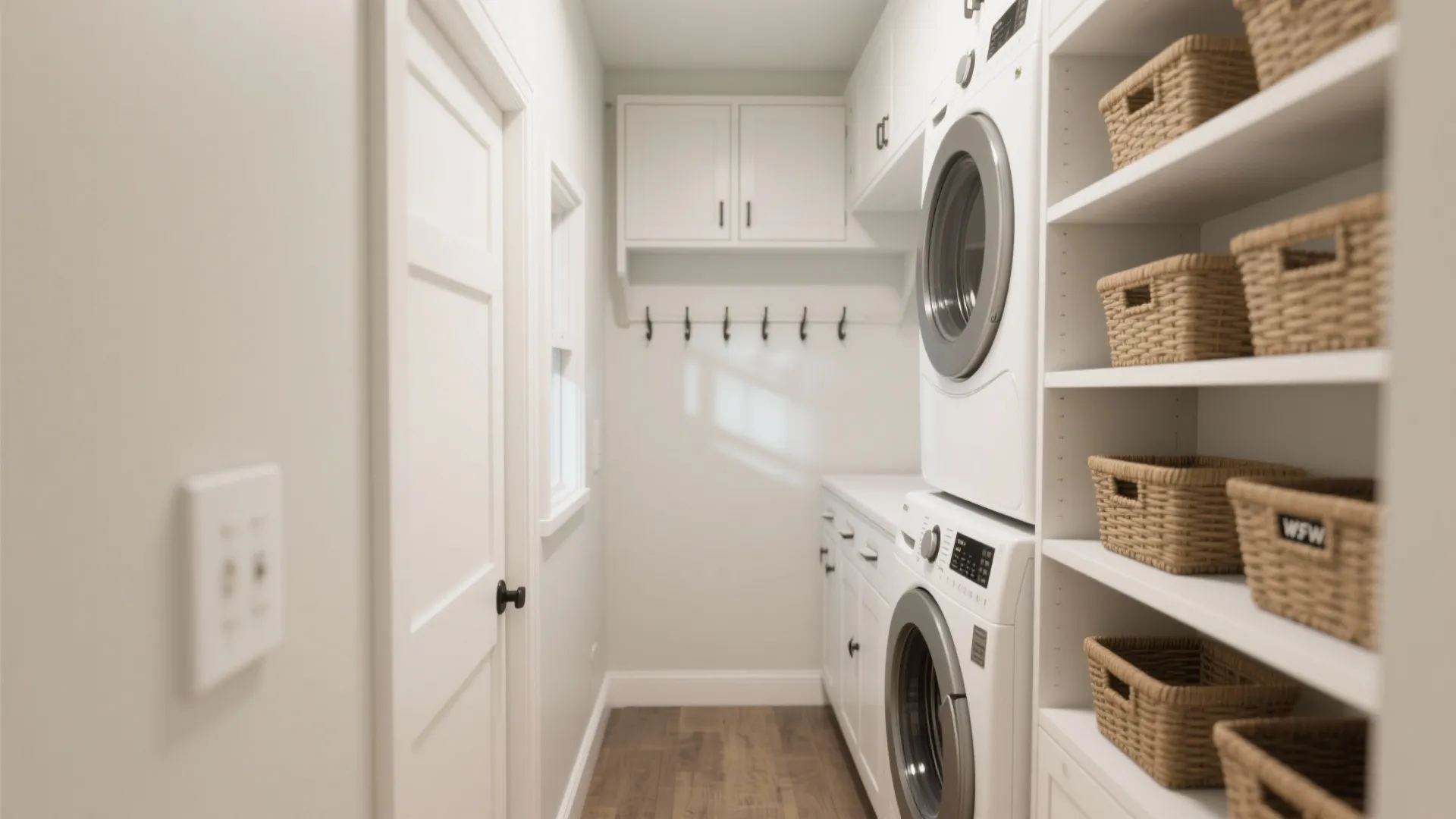 Narrow white laundry room with stacked washing machines white cabinets woven baskets and wood floor layout