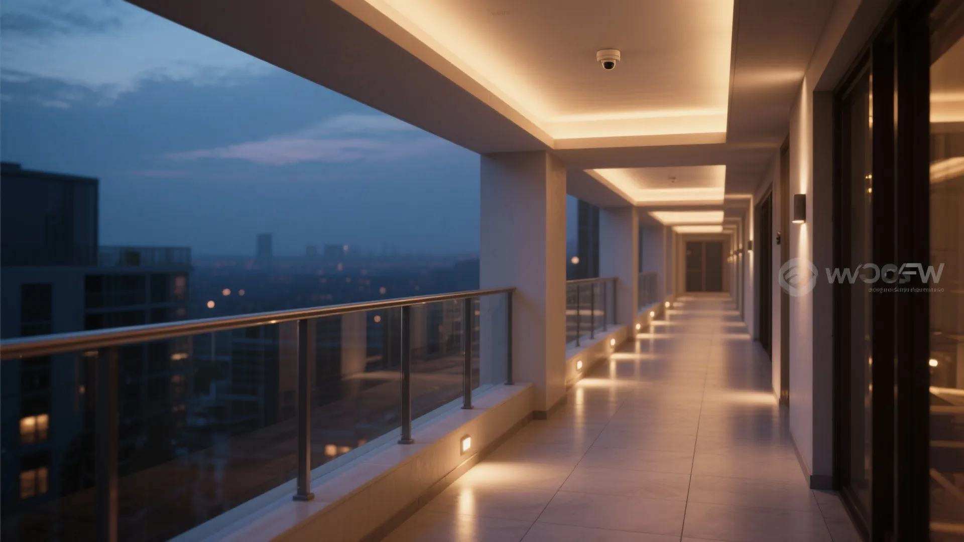 Modern outdoor balcony corridor with warm ceiling lights and wall lights overlooking a city at night