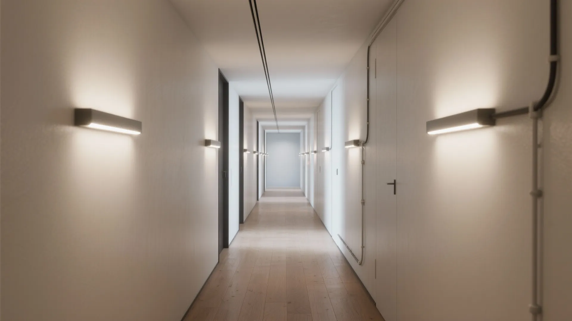 1. Slim LED Linear Sconces Along Narrow Corridors