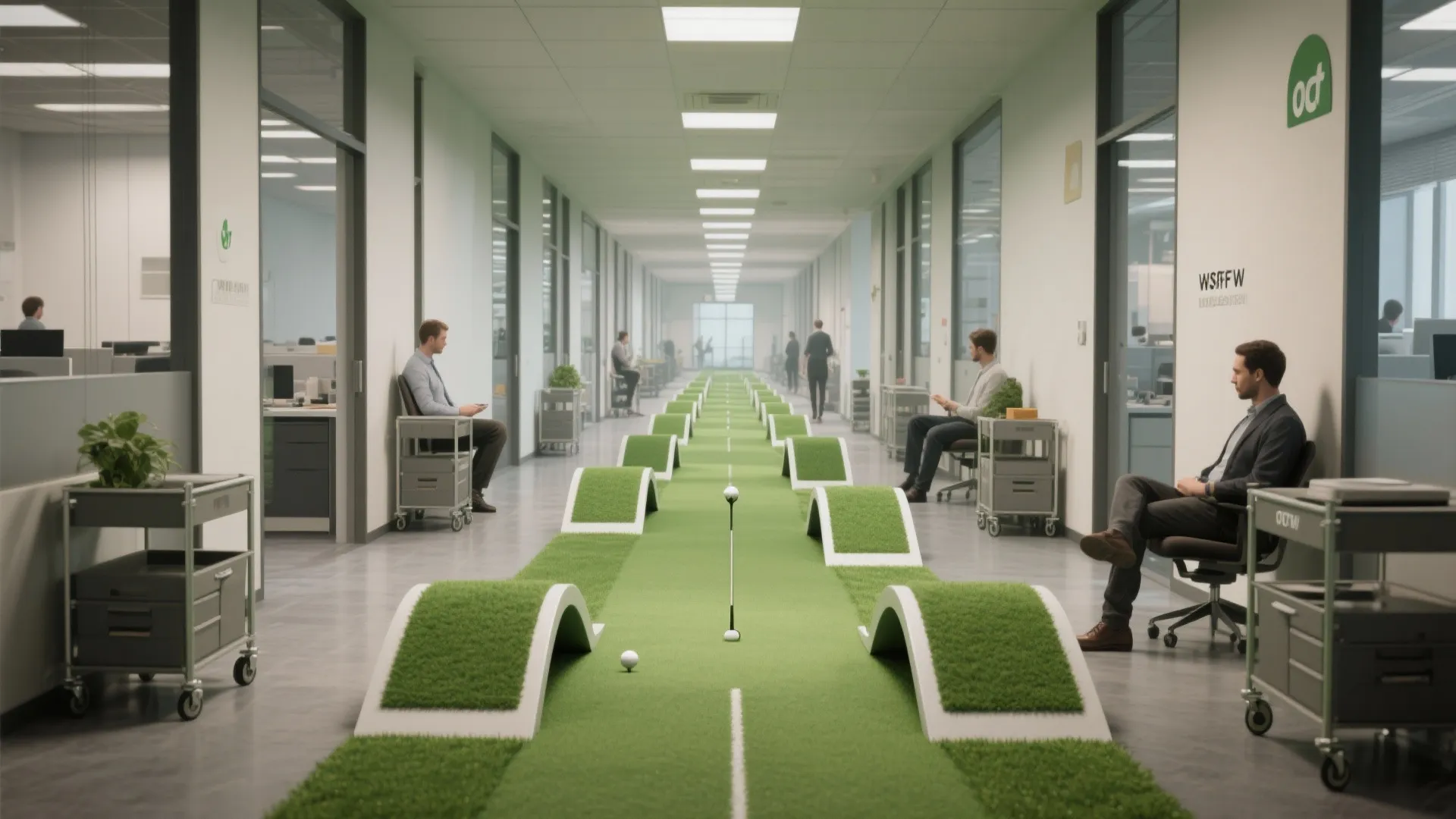 Modern office hallway featuring a long green mini golf course with artificial hills and people
