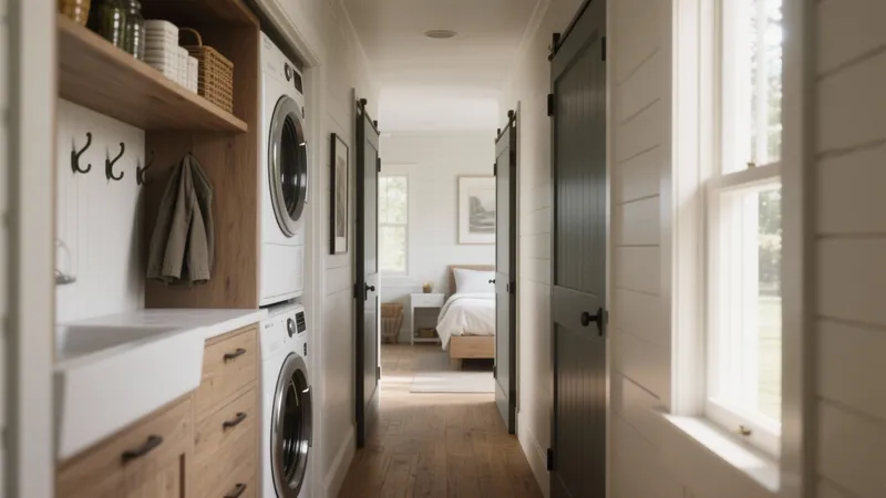 Farmhouse Style Laundry Hallway with Barn Doors