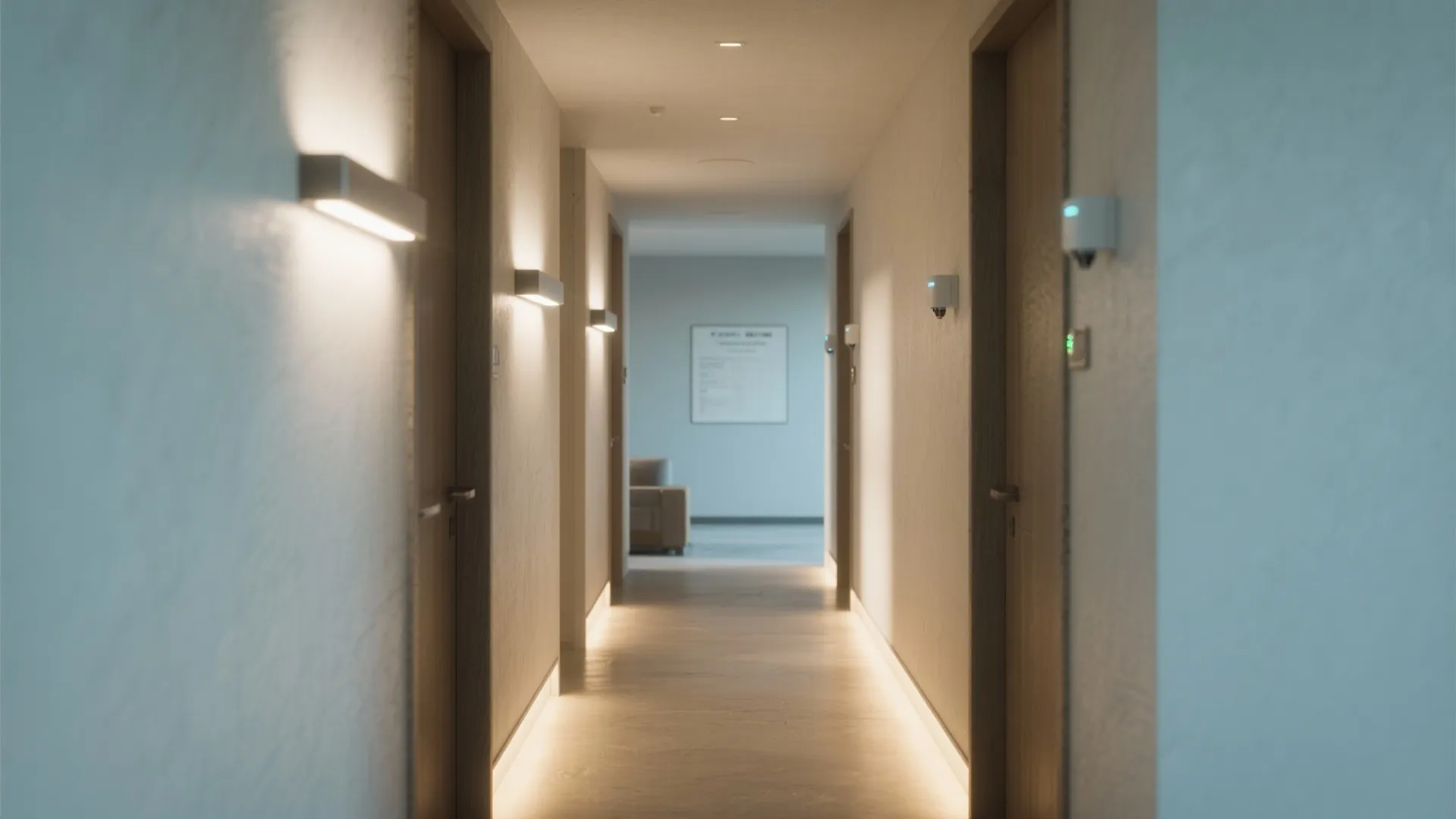 Long narrow hallway featuring multiple wooden doors bright wall lights and floor level LED light