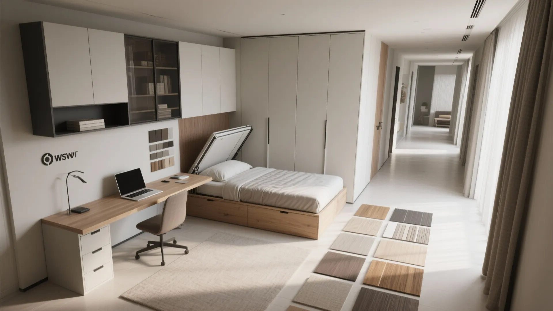 Flatlay of slim corridor solutions: fold-down desk, wall bed folded, slim cabinets and material samples.