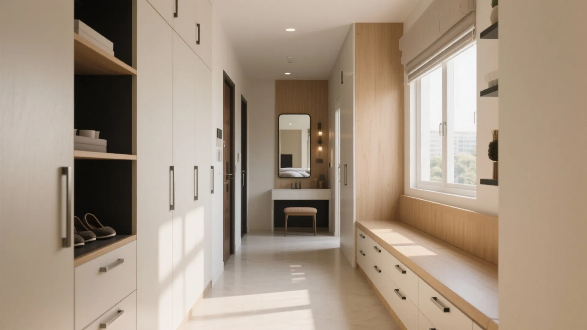 Built-in storage in the foyer, corridor niches, and under-window bays