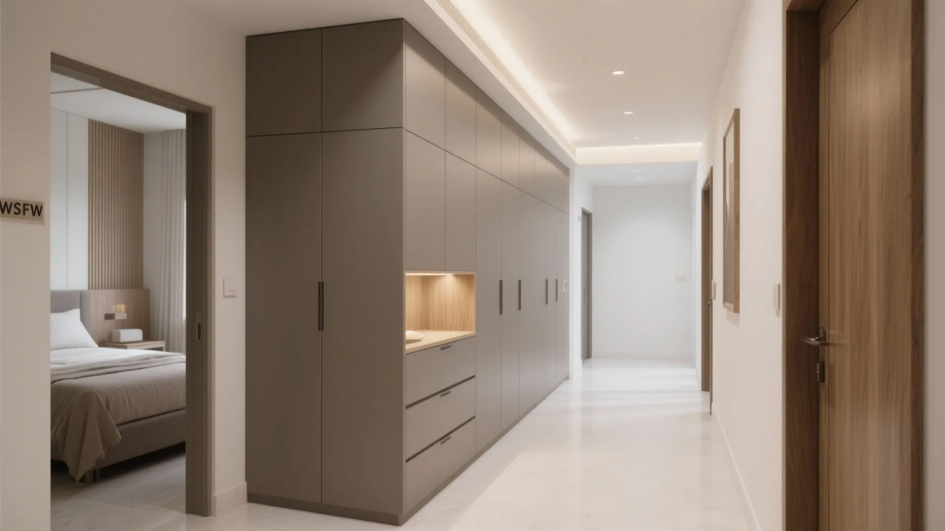 4) Storage wall along the corridor to declutter circulation