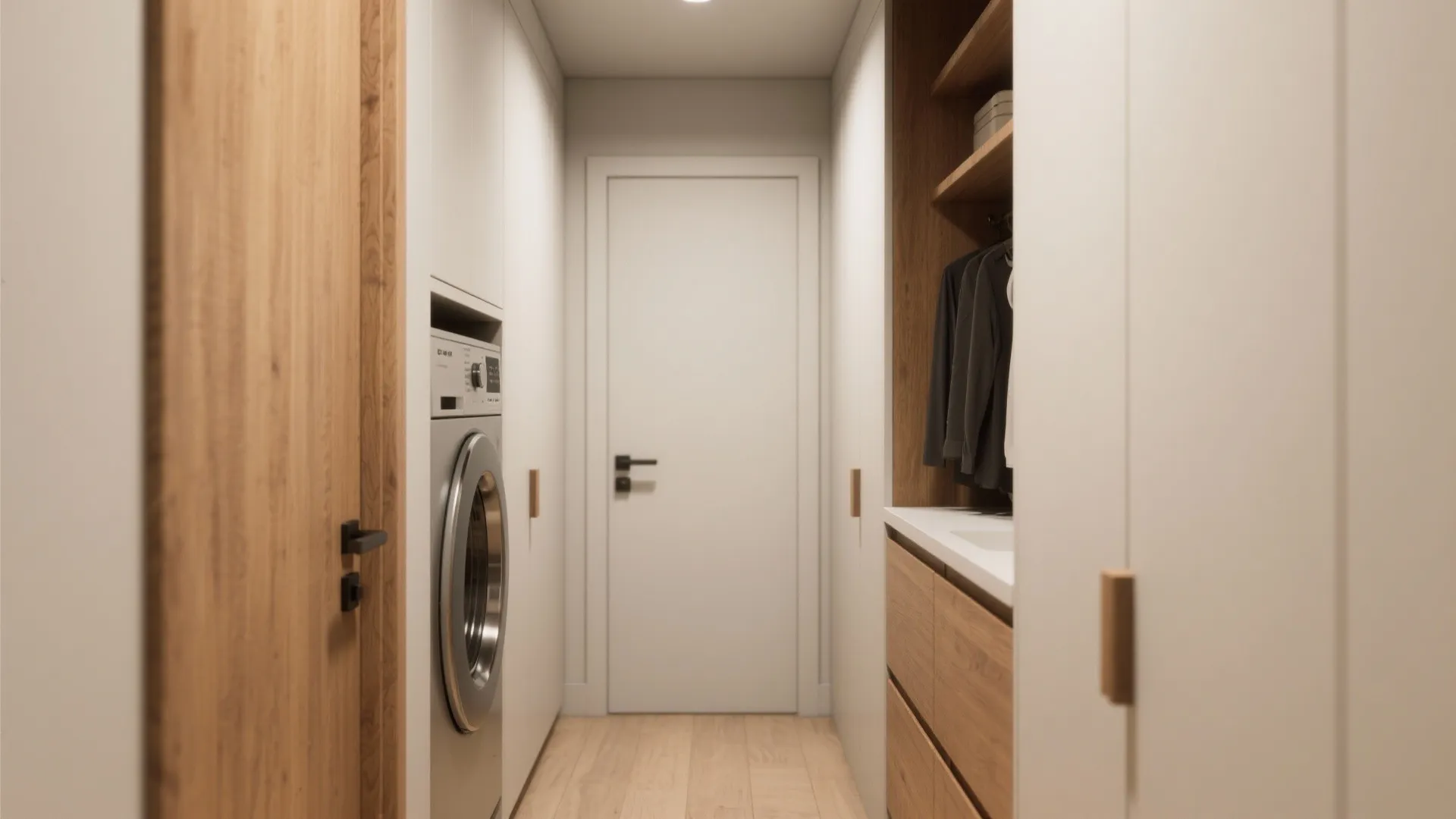 Modern corridor with built-in washing machine wooden cabinets white door and bright wood flooring design