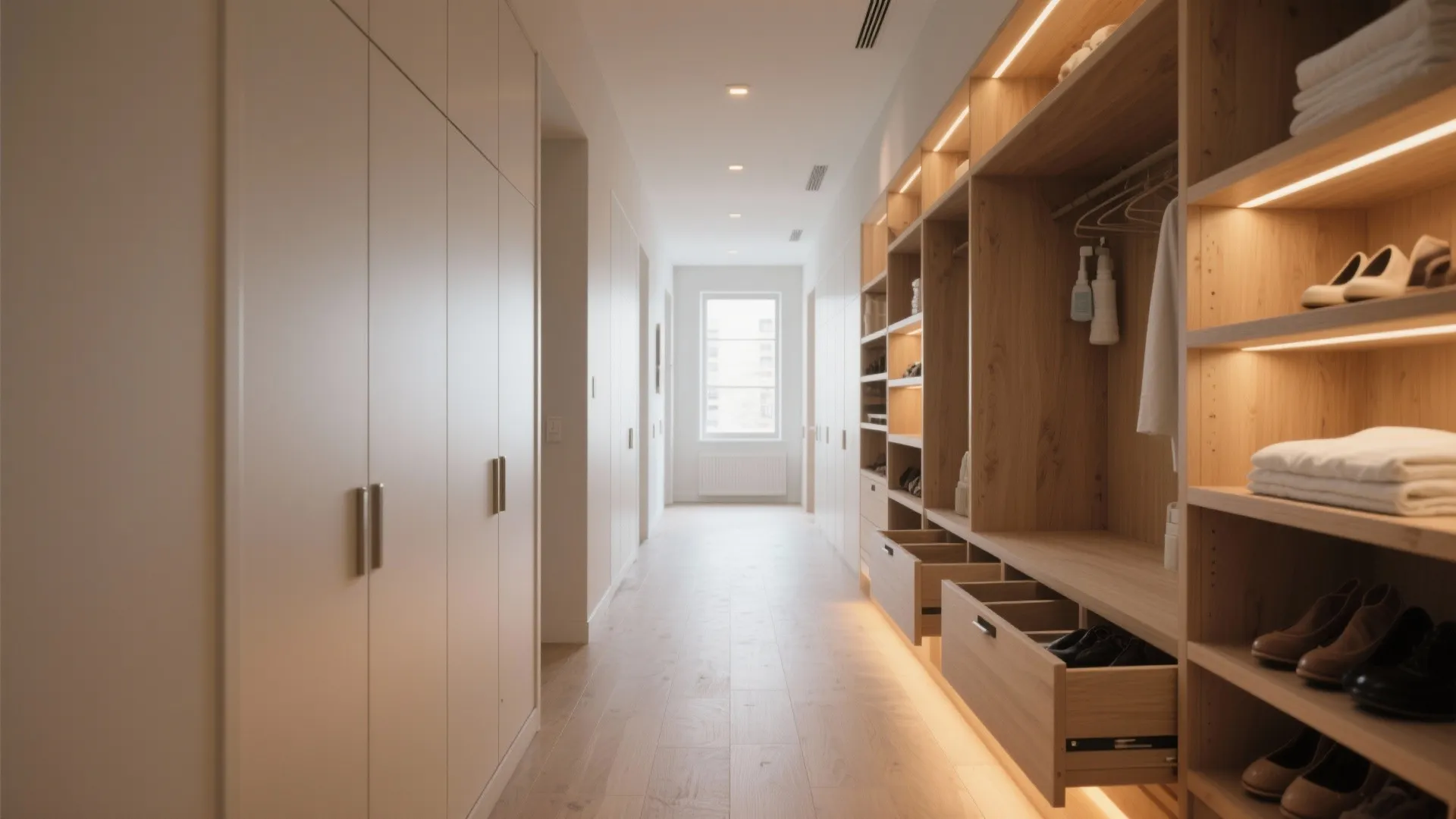 Circulation-first hallway and storage walls