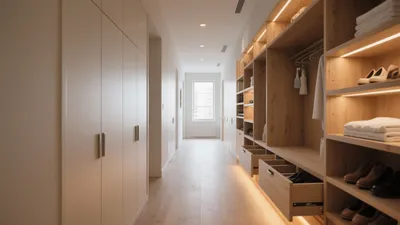Modern Walk-In Closet with Wooden Shelving and LED Lighting