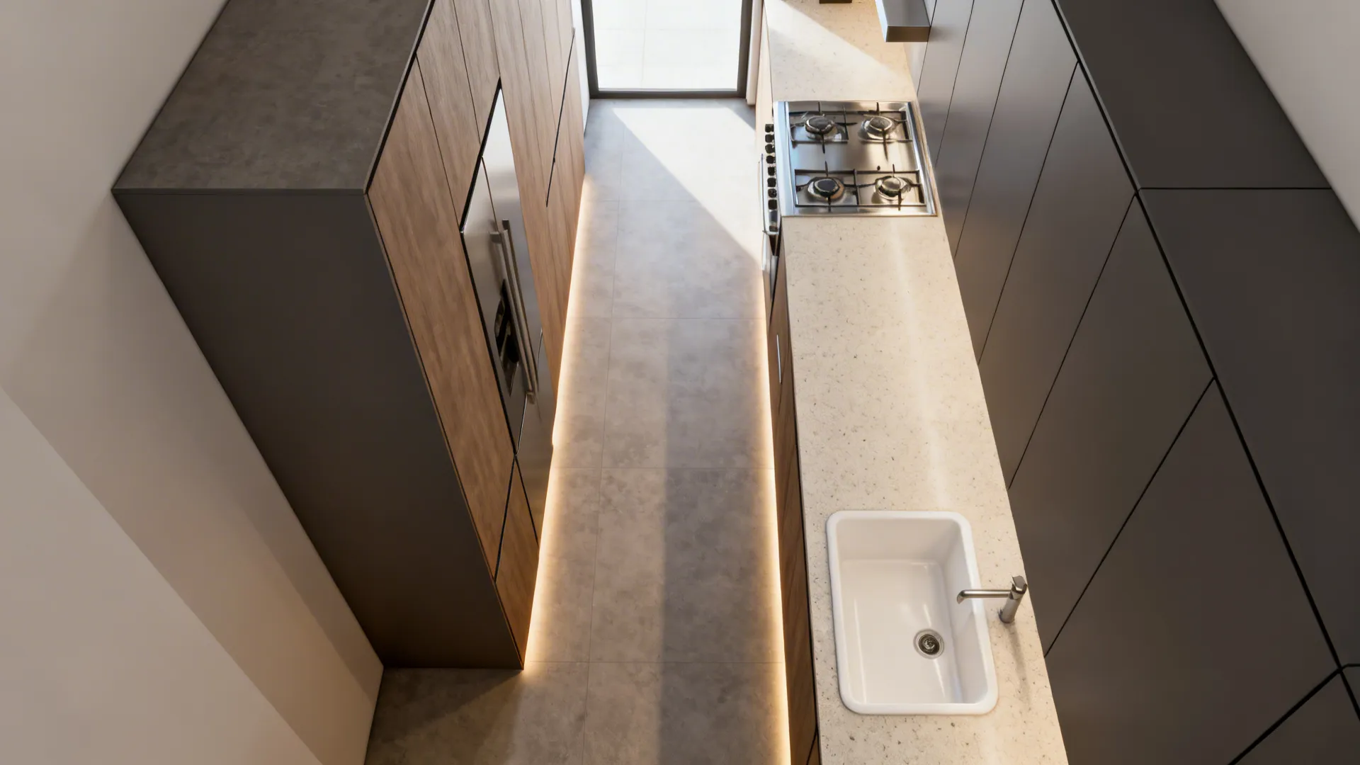 Top-down corridor kitchen layout with tall units on one side and a clear aisle.