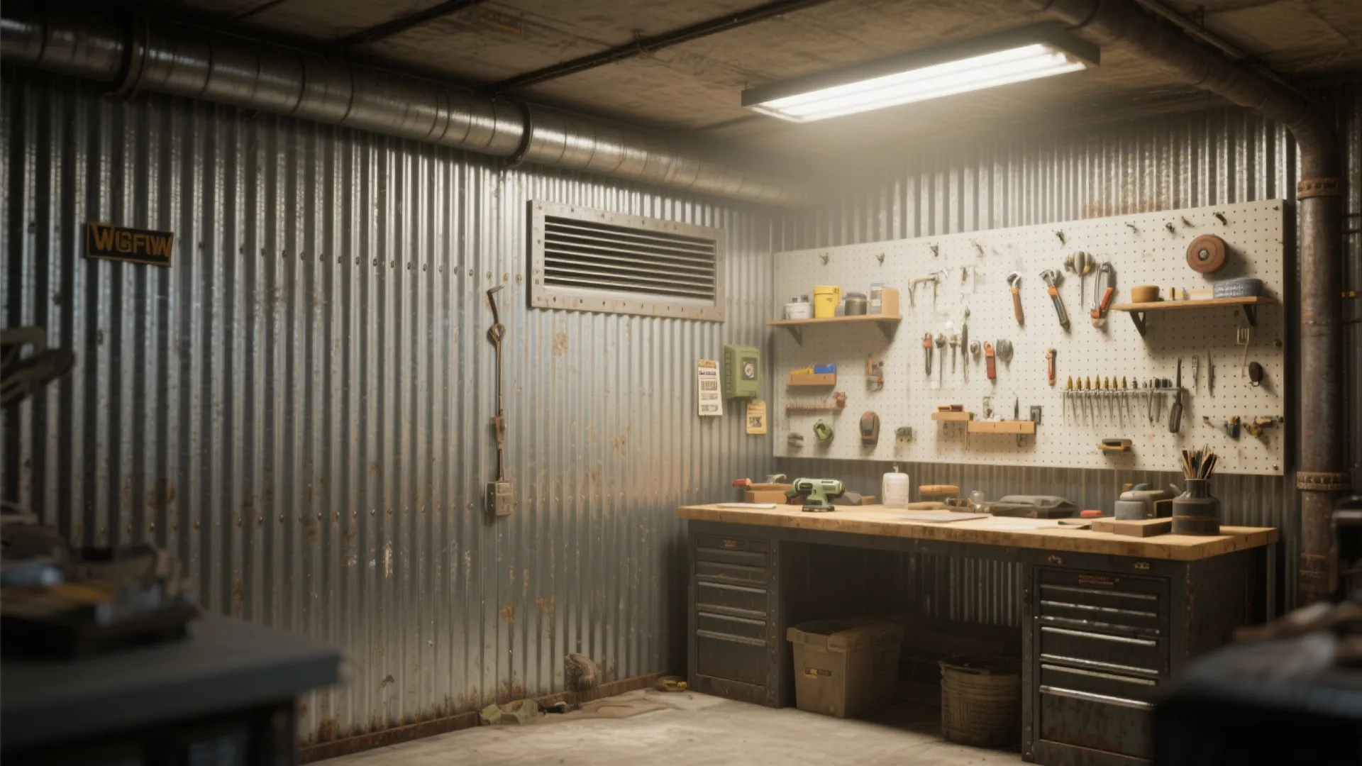 Industrial basement workshop with corrugated metal walls wooden workbench and pegboard with different hanging tools