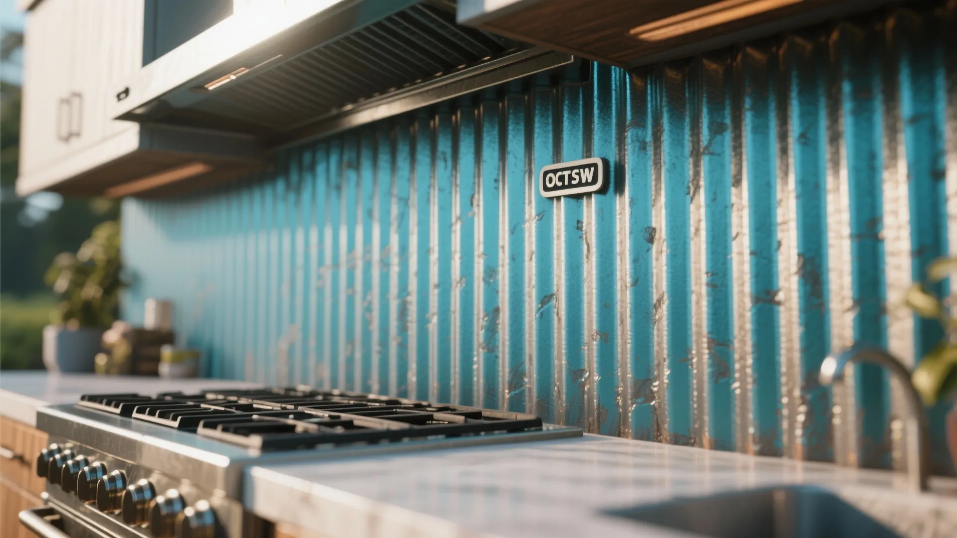 Blue metal wall panel behind a gas stove in a modern kitchen with natural sunlight