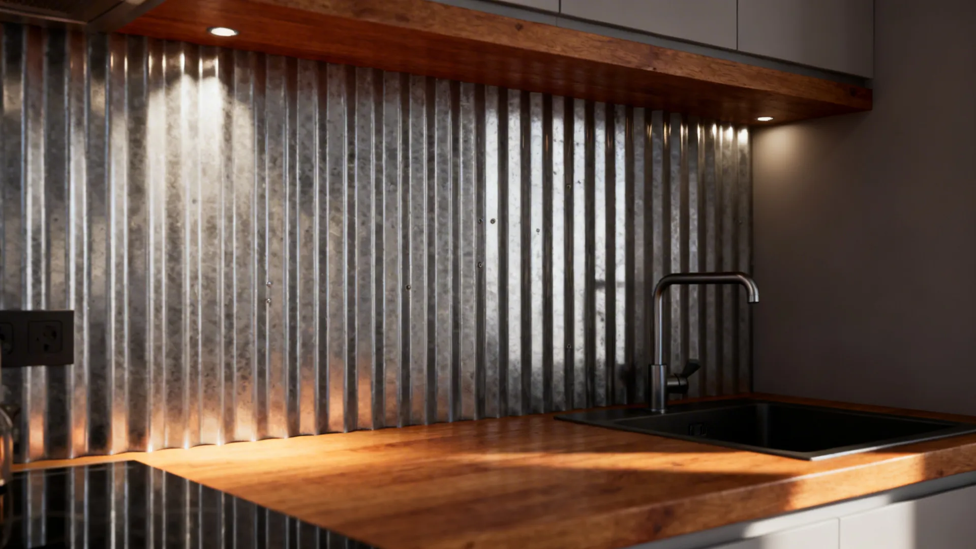 Corrugated steel accent panel behind a kitchenette with warm wood shelf.